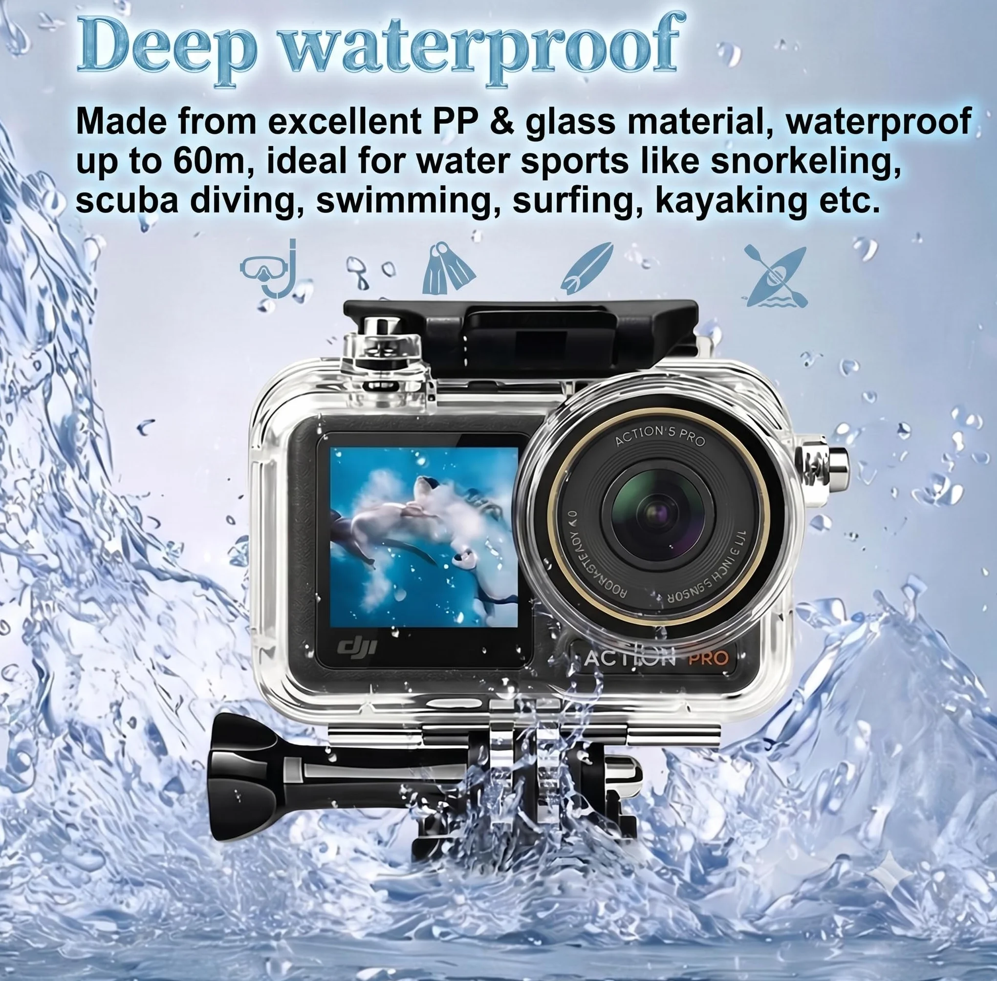 Wodoodporna Obudowa Nurkowania z Pływający uchwyt Etui Ochronne i Folie Szklane Zestaw Akcesoriów Kompatybilny z DJI Osmo Action 5 Pro/Action 4/Action 3 do Snurkowania, Surfingu, Wakeboardu | pływający uchwyt, osłona ochronna, szklana folia ochronna do nu