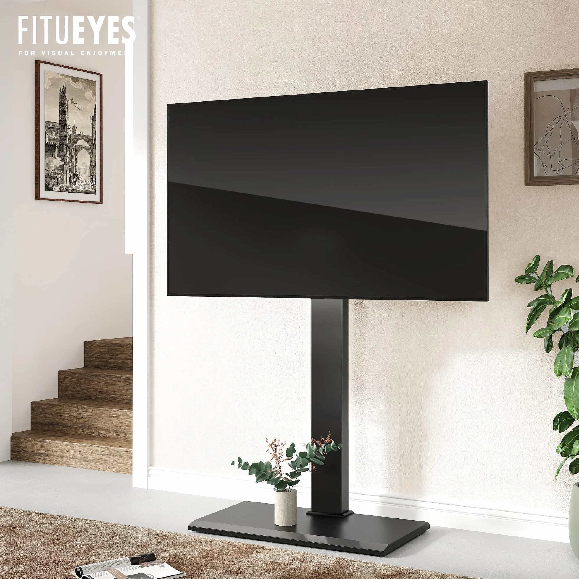 FITUEYES Uniwersalny stojak na telewizor z żeliwną podstawą na telewizory 50 do 80 cali, wysoki stojak na telewizor z obrotowym uchwytem, ładowność do 50 kg VESA 800x400mm, kolor czarny