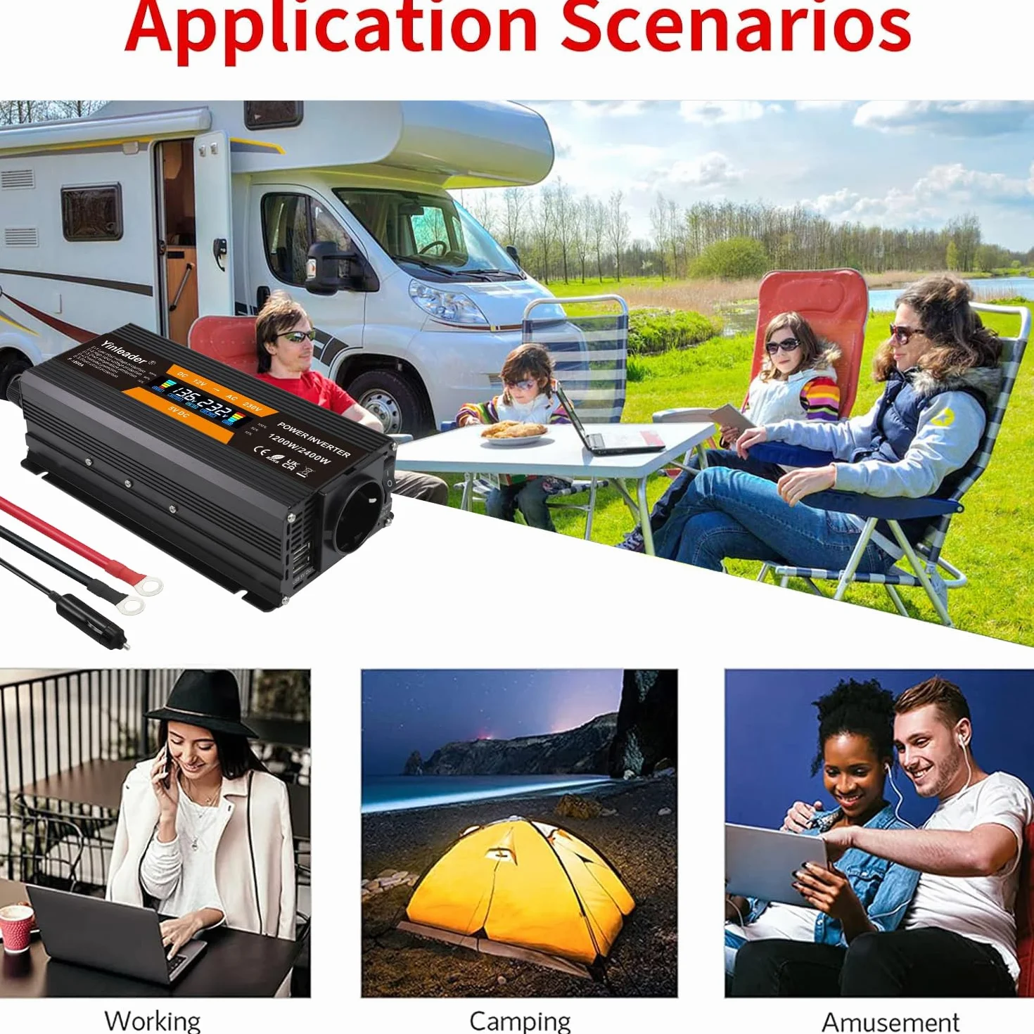 Yinleader Przetwornica napięcia 1200 W/2400 W 12 V 230 V falownik Dual USB Power Inverter z 1 gniazdem i wyświetlaczem LCD, do samochodu, przyczepy kempingowej, łodzi, na kemping, w podróży