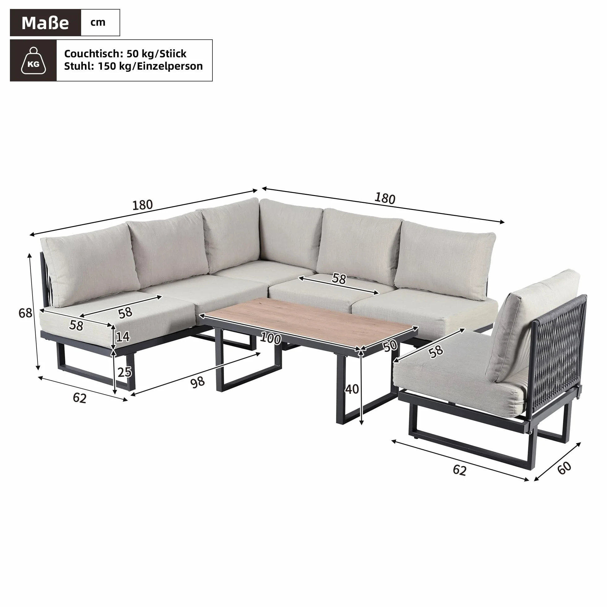 5-częściowy zestaw mebli ogrodowych fotel sofa narożna łóżko relaksacyjne stolik kawowy ocynkowana stal szaro-beżowy