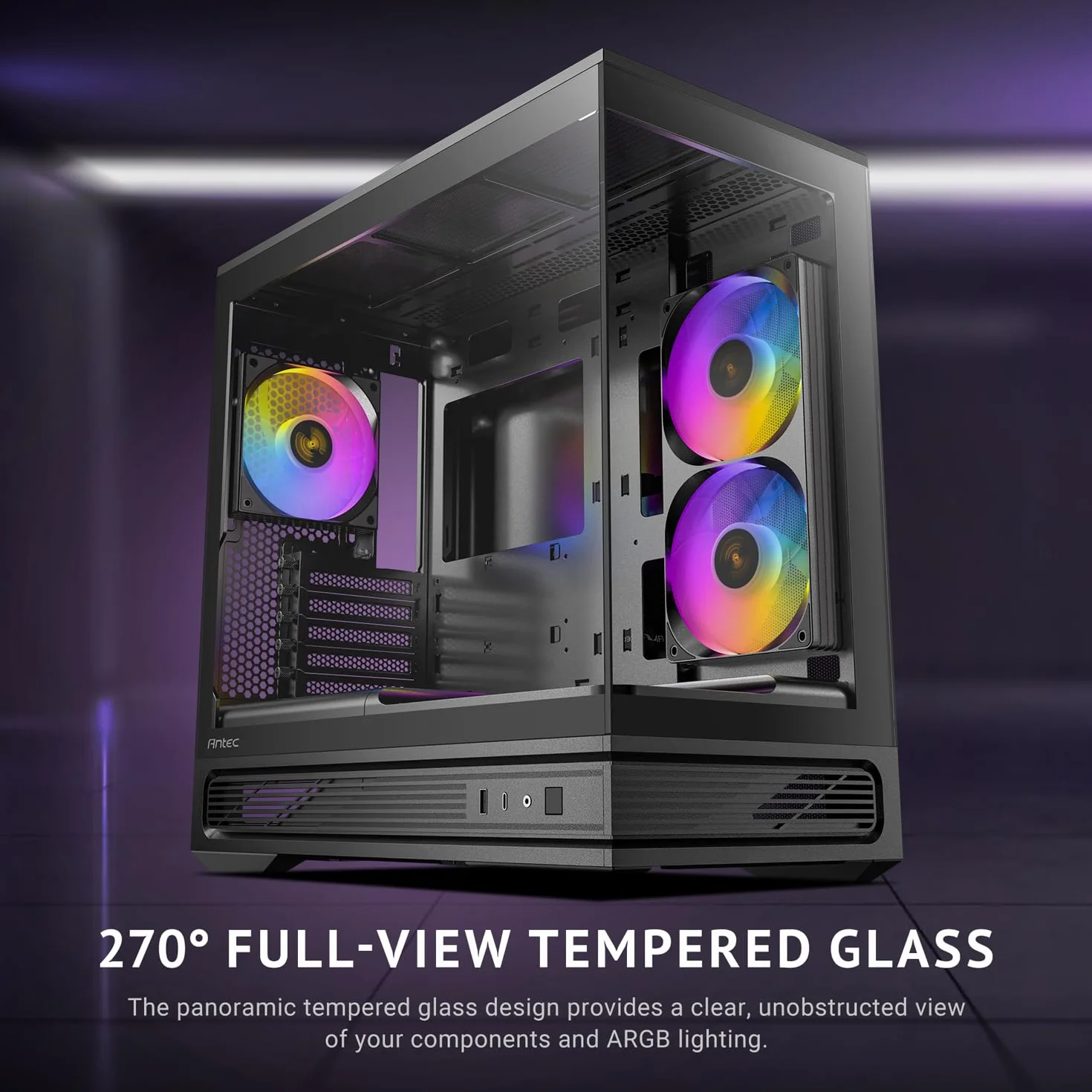 Antec C2M ARGB, kompaktowa obudowa MicroATX, panoramiczne szkło hartowane, wysoki przepływ powietrza, 3 wentylatory PWM ARGB w zestawie, obsługa chłodnicy 360 mm i procesor graficzny 415 mm, typ C 10