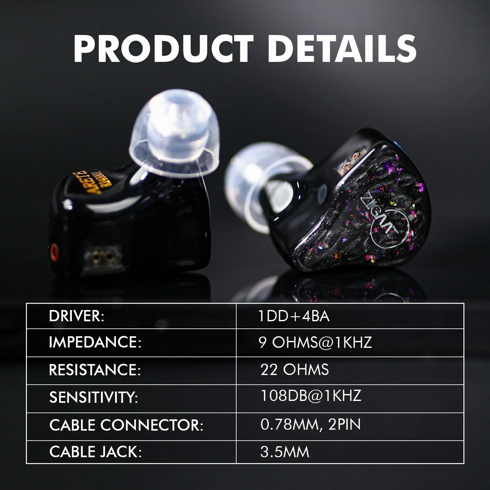 Linsoul ZiiGaat x Fresh Reviews Arete słuchawki douszne, 1DD+4BA hybrydowe słuchawki IEM, przewodowe słuchawki do gier, monitor studyjny, z odpinanym kablem IEM dla muzyka audiofila (czarne)