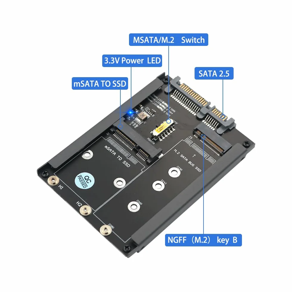 2 w 1 MSATA i B Key SSD na 2,5-calowy SATA III z uchwytem ramowym, który zachowuje dysk mSATA SSD jako 2,5-calowy dysk SATA 7 mm