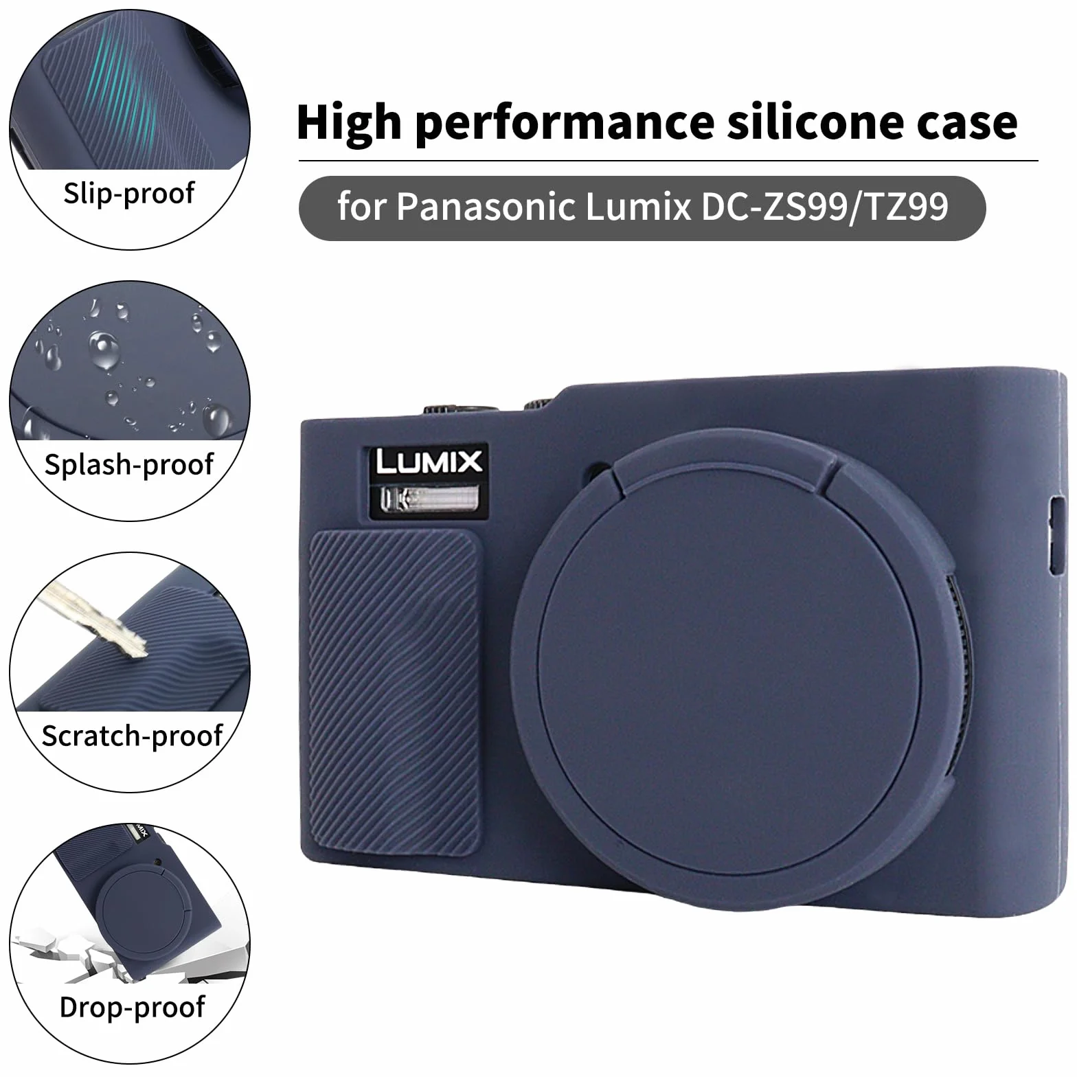 Rieibi Silikonowe etui do aparatu Panasonic Lumix ZS99/TZ99, akcesoria do Panasonic Lumix DC-ZS99/TZ99 z 2 szt. ochraniaczy ekranu, odpinana osłona obiektywu, granatowe