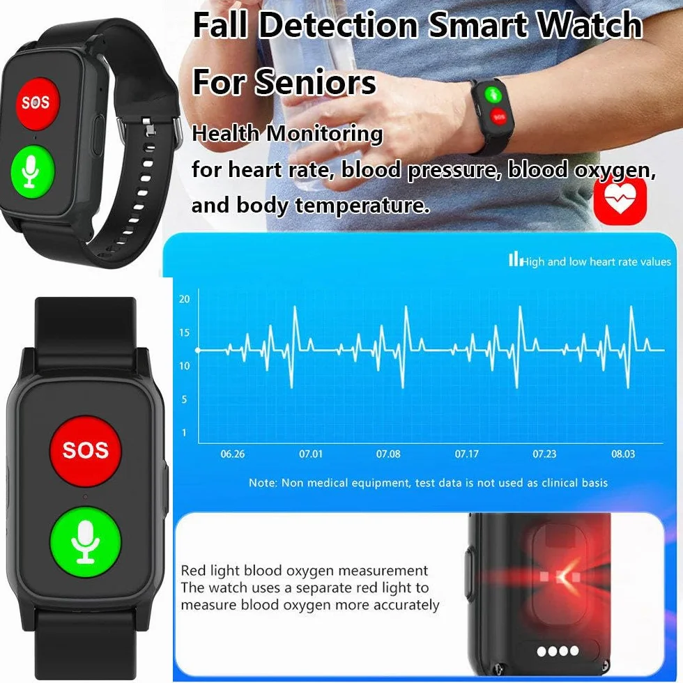 Inteligentny Zegarek Dla SenioróW Z Wykrywaniem Upadku, UrząDzeniami OstrzegająCy O Upadku, Lokalizatorem Gps, PojemnośCią Baterii 600 Mah I DokłAdnośCią Pozycjonowania 5-15 MetróW Black