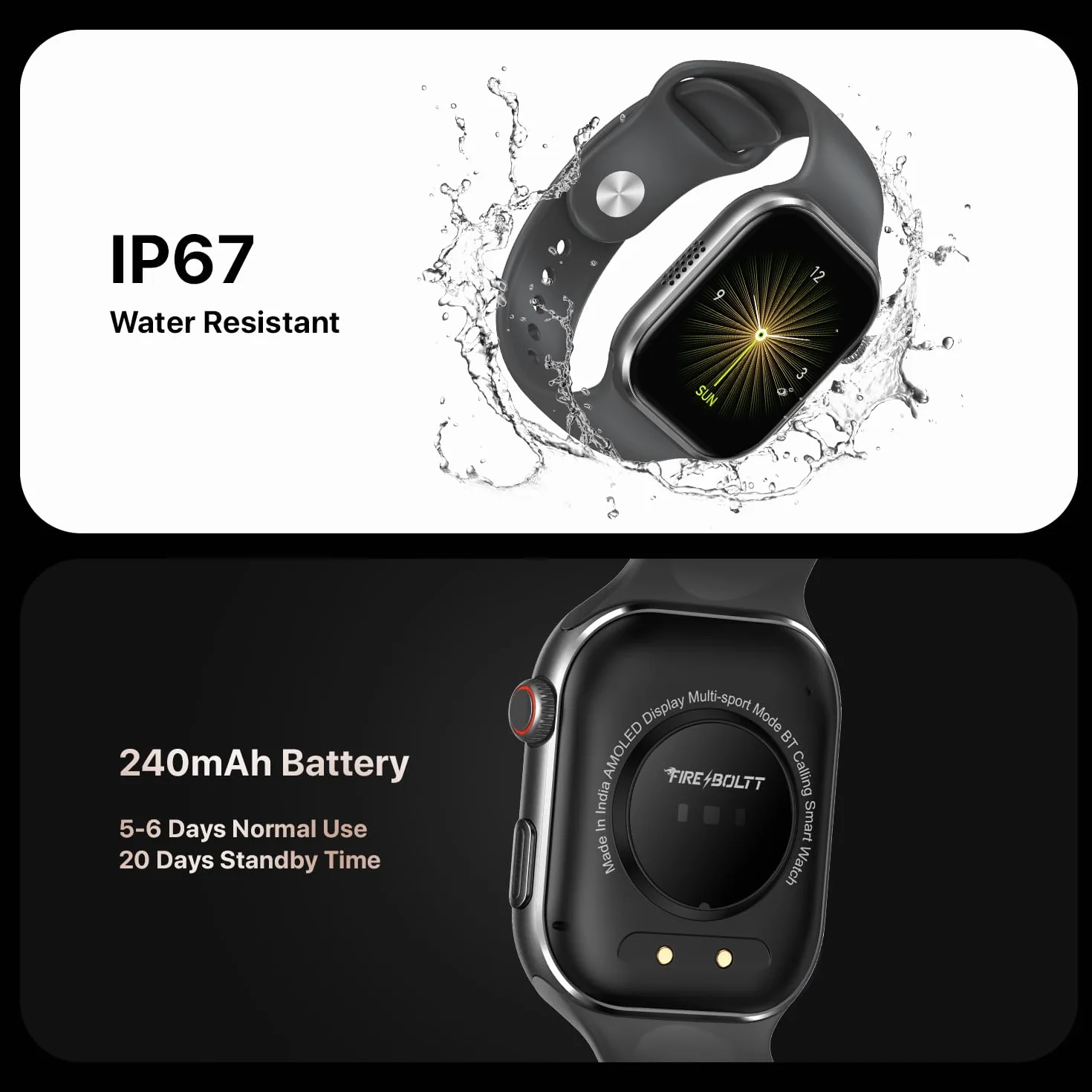Fire-Boltt Brillia Smart Watch 2-calowy wyświetlacz Super AMOLED, połączenia Bluetooth, SpO2, pulsometr, 120 trybów sportowych, monitor aktywności, asystent głosowy, inteligentny zegarek dla mężczyzn