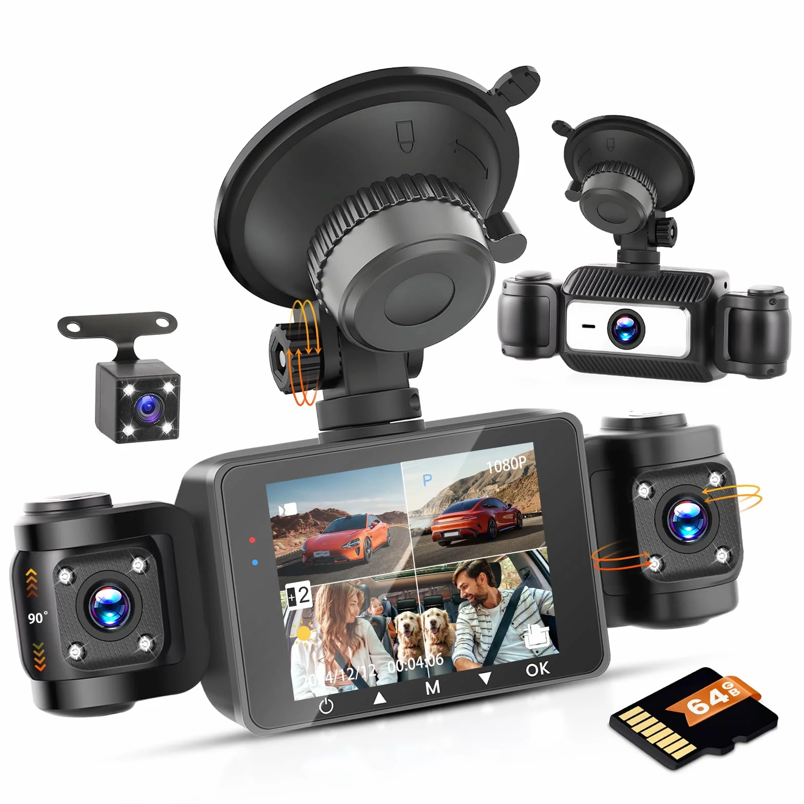 Hikity Kamera samochodowa dla radia Android, wodoodporna, mini kamera samochodowa, rejestrator, noktowizja, nagrywanie pętlowe z G-sensorem, szeroki kąt 170°, z kartą SD 64GB