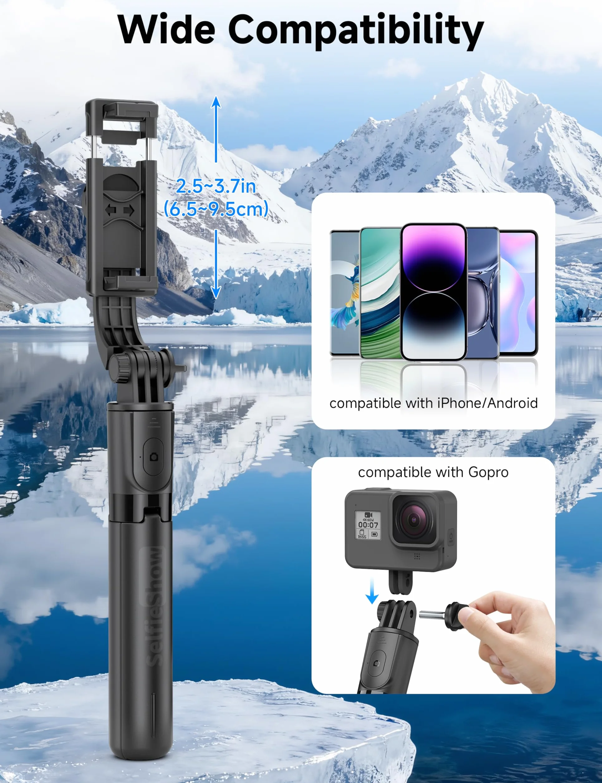Mini statyw podróżny do selfie z lampką, wysuwany kij z pilotem do iPhone'a