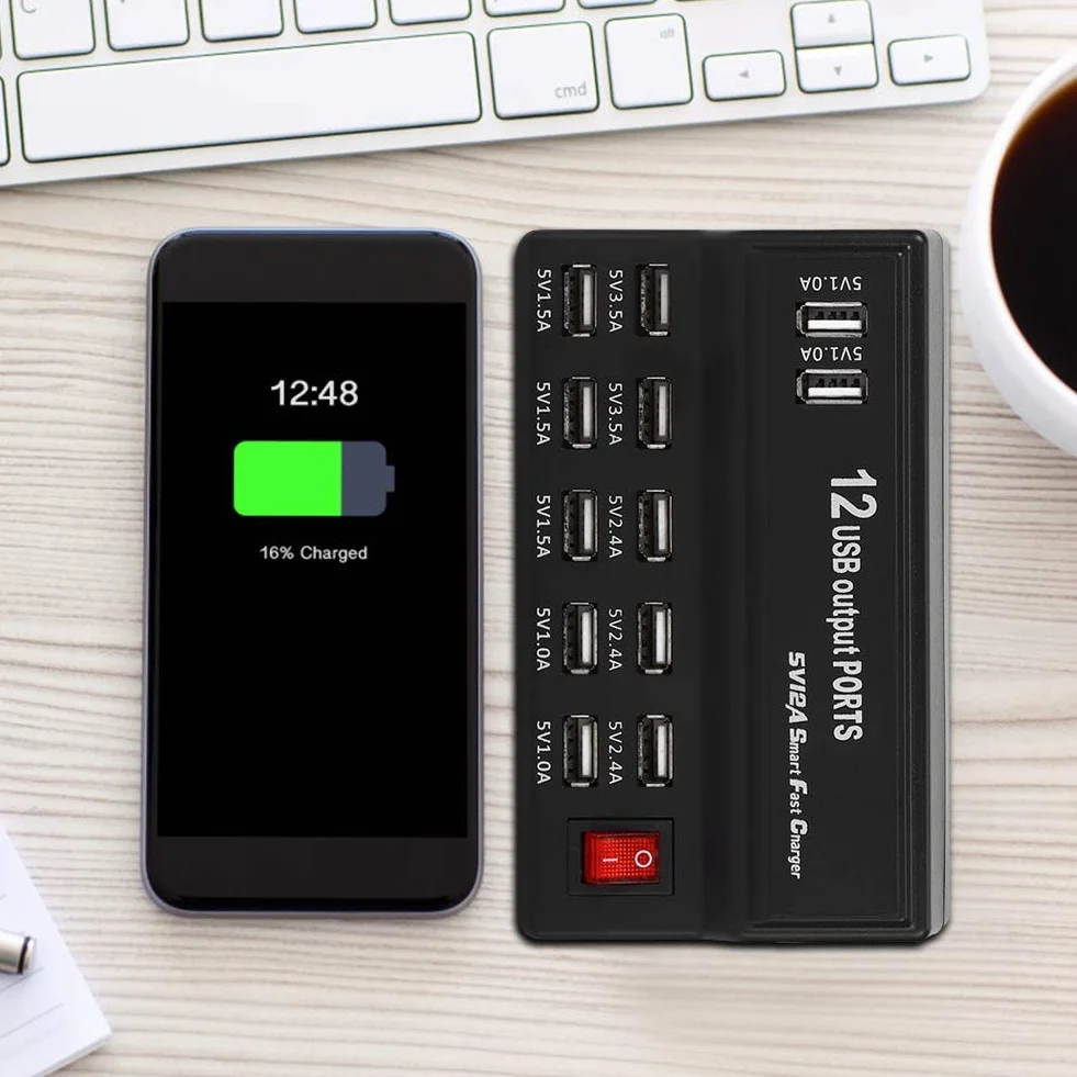 12-portowa Ładowarka USB z Inteligentnym Szybkim Ładowaniem dla Wielu Urządzeń, Ładowarka Do Telefonu Komórkowego, Tabletu, Laptopa, Wentylatora - Idealna Do Domu, Biura i Podróży