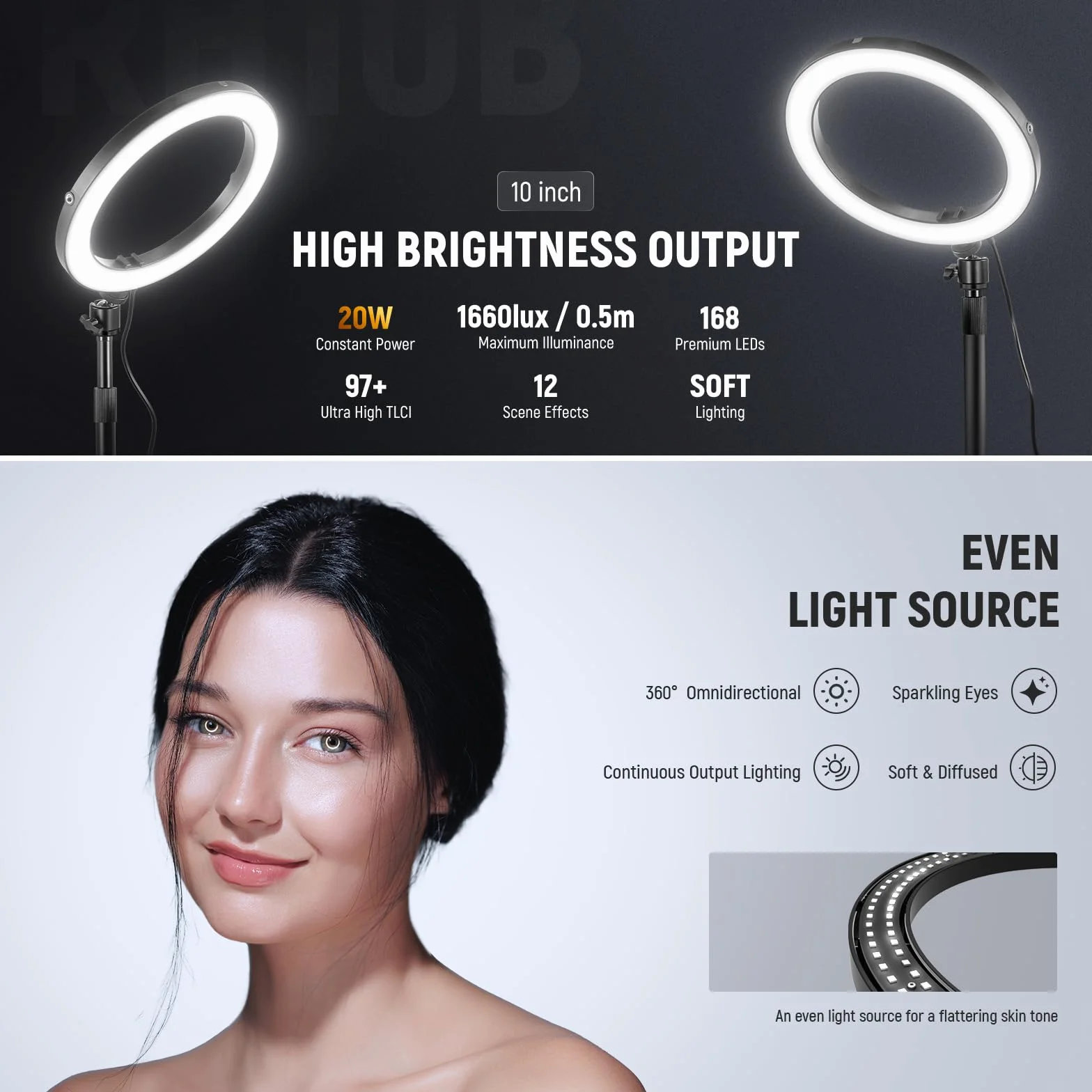 NEEWER Lampa pierścieniowa LED 10" 20 W ze stojakiem na biurko, uchwyt na telefon, kompatybilna z laptopem iPhone, dwukolorowa, 2900 K – 7000 K, wejście USB C PD, CRI97+ 1660LX/0,5 m, do selfie Make