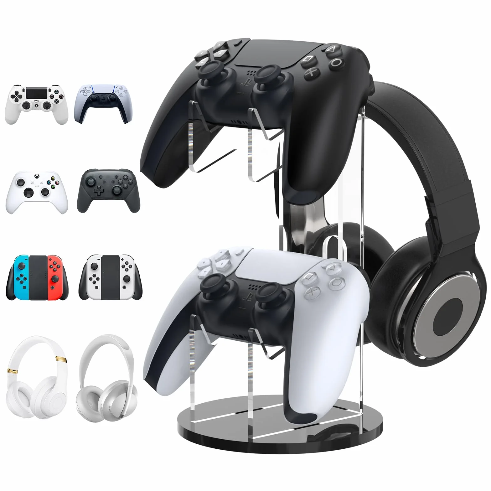 MoKo Universal Stand for Gamepad and Headphone Stand, 2 in 1 Game Controller Support Holder Storage Organizer for Switch/Switch 2, ps5, ps4, xbox One, Xbox Series, Gaming Accessories, Black & Clear | Wysokiej jakości akryl. Podkładka antypoślizgowa. Kompa