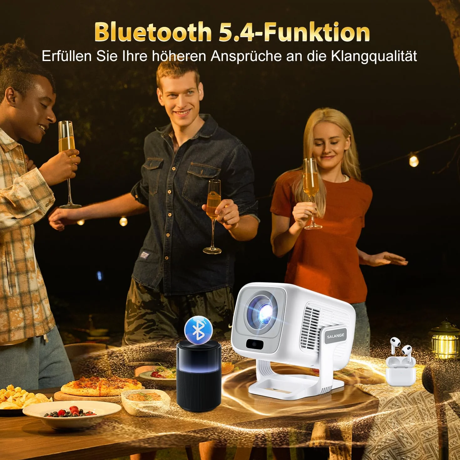Smart Beamer, 4K FHD 1080p, przenośny projektor wideo, WiFi 6 i BT5.4, autofokus, automatyczny keystone, mini projektor z systemem Android 14.0, kino domowe, regulowana podstawka 180°, biały