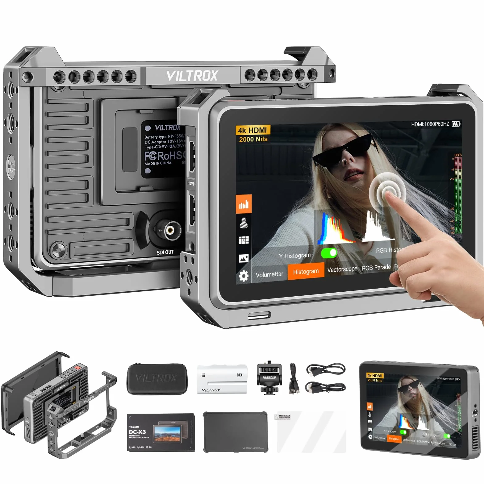 VILTROX DC-X3 Monitor terenowy zewnętrzny DC-X3 6 cali do kamery SDI, 2000 nitów, z ekranem dotykowym, 4K, do lustrzanek cyfrowych Sony, Canon, Nikon, z osłoną przeciwsłoneczną, baterią 2200 MAh