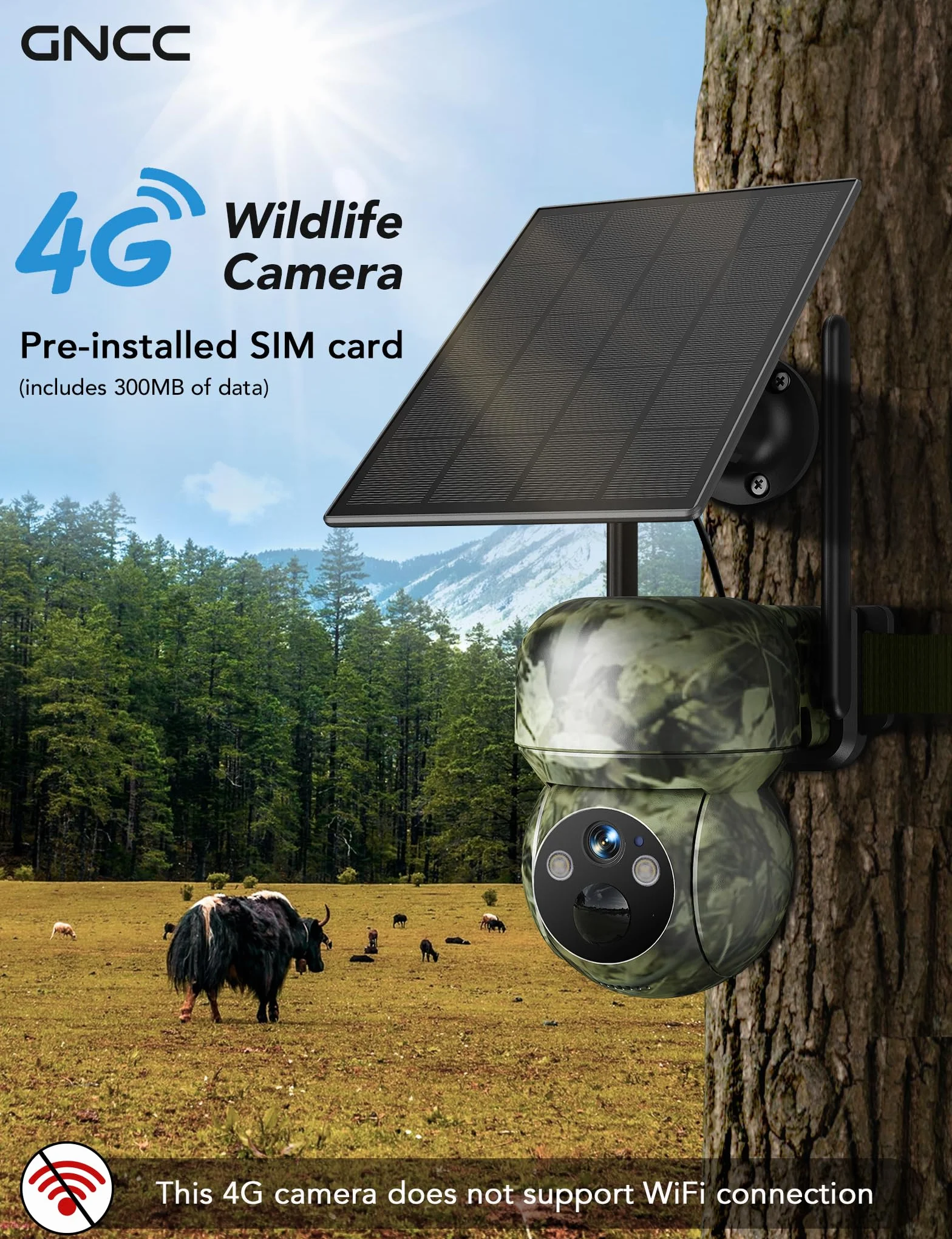 GNCC 4G LTE kamera do obserwacji zwierząt z kartą SIM i kartą SD o pojemności 32 GB, 2K kamera solarna z aplikacją do transmisji na telefon z czujnikiem ruchu, widoczność w nocy, 300 MB bezpłatnych
