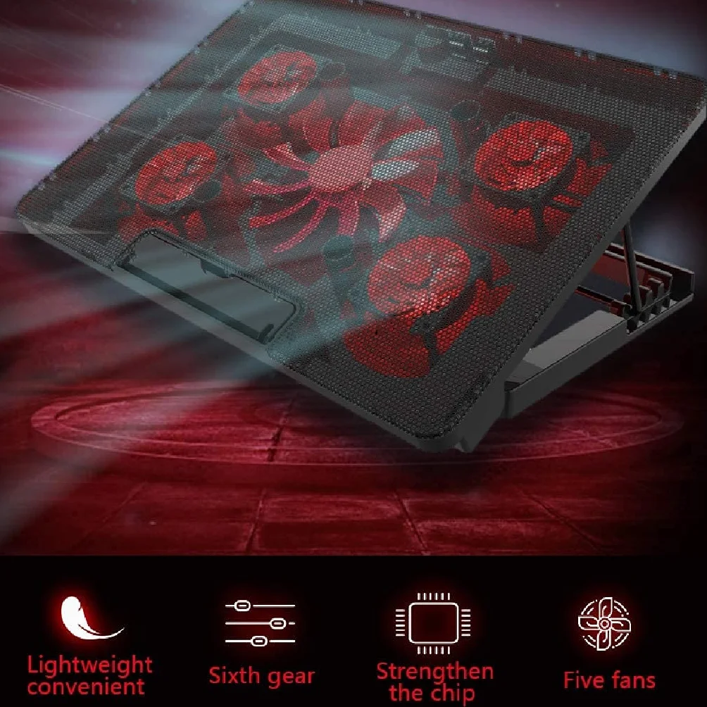 Chłodziarka Laptopa Podkładka Chłodząca Do Laptopa 5 Wentylatorów 17 Cali Ciężki Chłodzenie Notebooka 2 Porty USB 6 Regulowanych Kątów Stojak