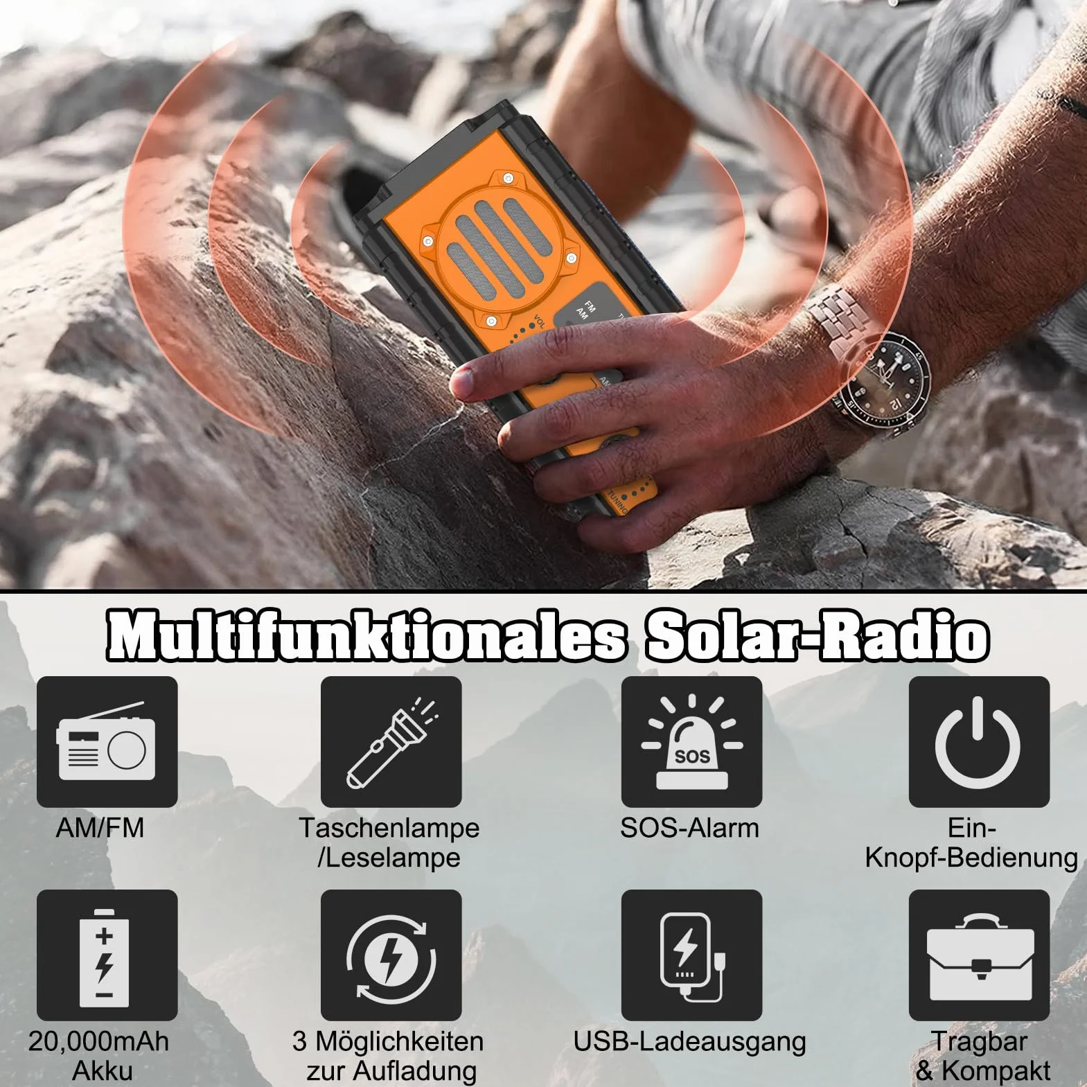 Nigecue Radio Solarne 20000mAh, Przenośne z Korbą, Dynamo z AM/FM, Wbudowana Bateria Akumulatorowa, 3 Tryby LED Latarki, LED Lampa do Czytania z Czujnikiem Ruchu