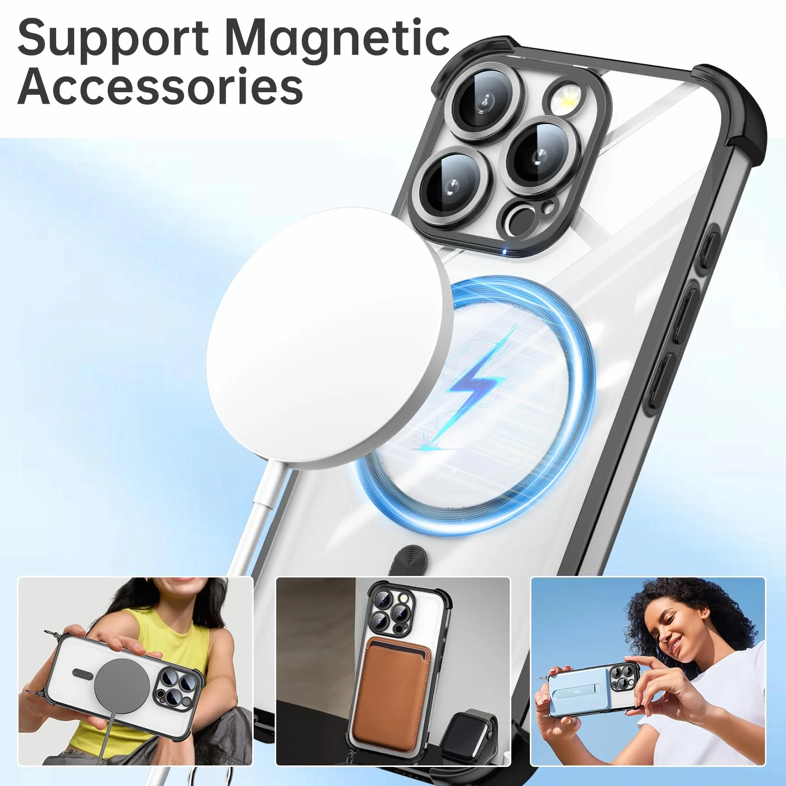 GOODVISH Etui na telefon komórkowy iPhone 14 Pro Max, z 2 sztukami folii ochronnej, etui na telefon komórkowy z łańcuszkiem do 14 Pro Max 6,7", magnetyczne, przezroczyste, delikatne etui, ochrona 360°