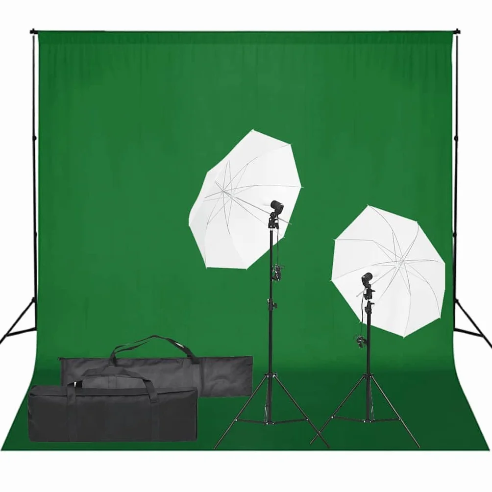 Zestaw do studia fotograficznego z lampkami LED ze światłem dziennym, aluminiowymi statywami, ściemnianym oświetleniem, 2 białe abażury, 300 x 300 cm zielone tło, torby do fotografowania