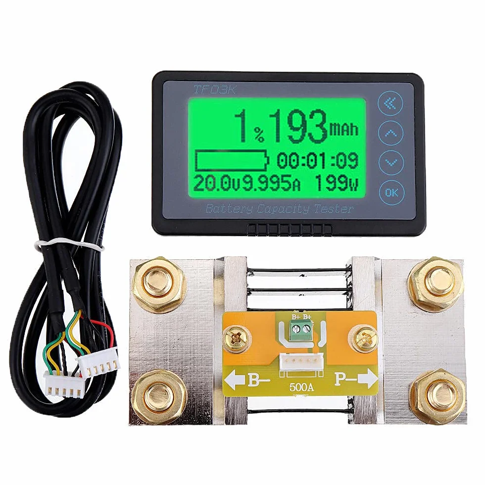 DollaTek TF03K 500 A monitor akumulatora, programowalny alarm wysokiego i niskiego napi?cia, zakres napi?cia 10 V-120 V z kablem przy??czeniowym i 5 m ekranowanym kablem