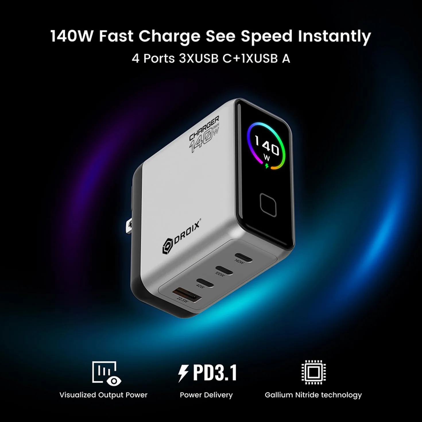 DROIX 140 W USB-C GaN ładowarka: 4-portowa stacja PD 3.1 z wyświetlaczem LCD i adapterami podróżnymi (US/UK/UE). Kompatybilna z MacBook Pro, iPhone, Android. [Biała]