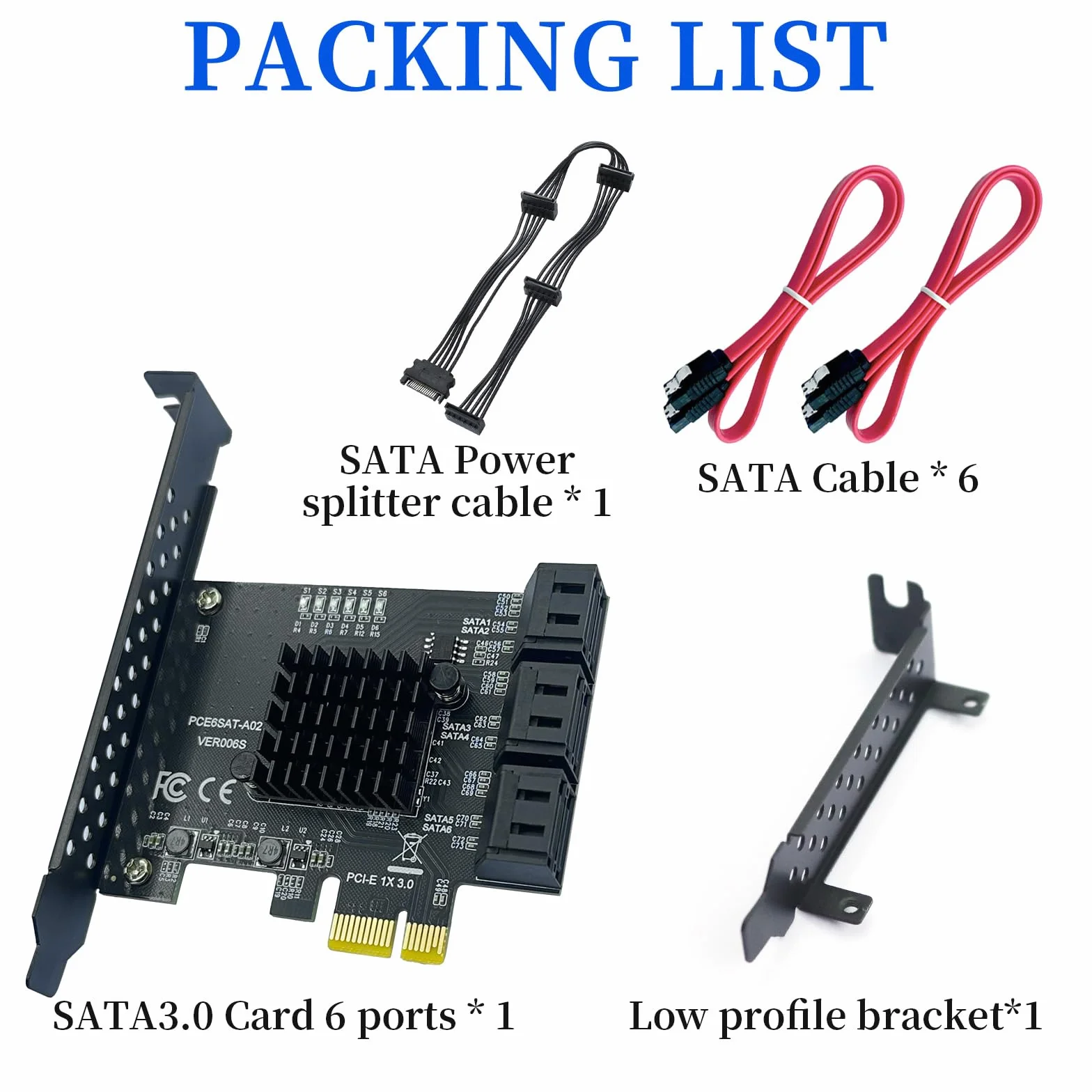 Karta SATA PCIe x1 z 6 portami, kontroler kart rozszerzeń PCIE 3.0 SATA (6 Gbit/s), karta SATA III z 6 kablami SATA, 15-biegunowy kabel rozdzielający zasilanie SATA do Windows, Mac OS, systemu Linux