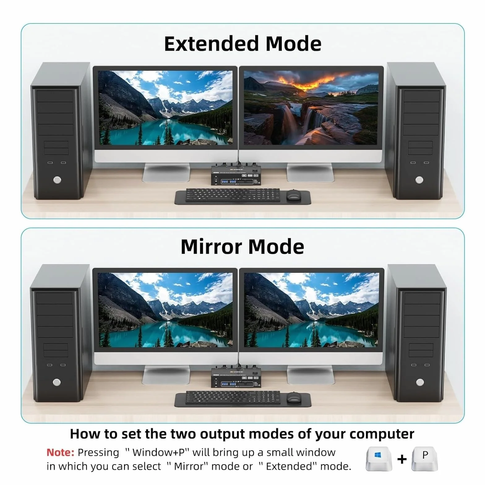 Konwertery wideo, Przełącznik KVM 4K@144Hz 2 monitory 2 komputery 8K@60Hz, KCEVE i Displayport Przełącznik KVM na dwa monitory z 4 portami USB 3.0