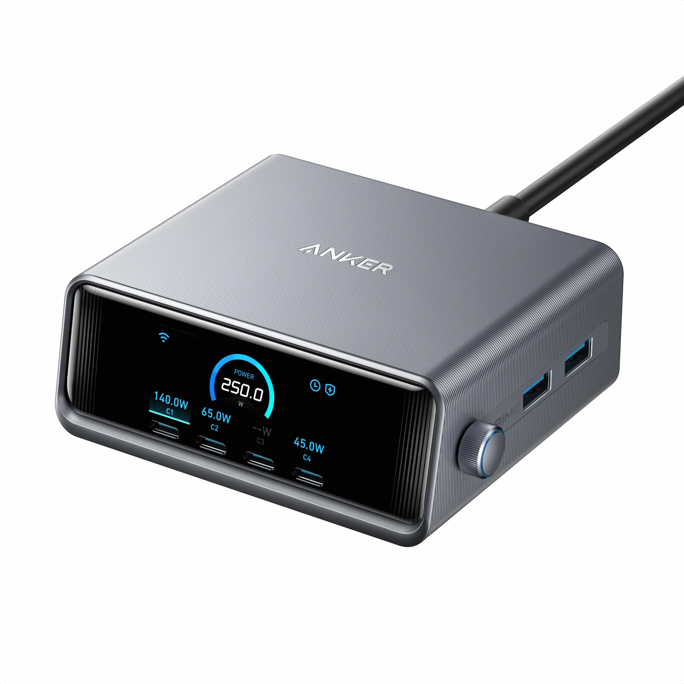 Ładowarka USB-C Anker Prime 250 W, ultraszybka 6-portowa ładowarka GaN, wyświetlacz LCD 6 cm, inteligentny kontroler, kompatybilna z MacBook, iPhone 16/15/14, Pixel, Galaxy i innymi urządzeniami