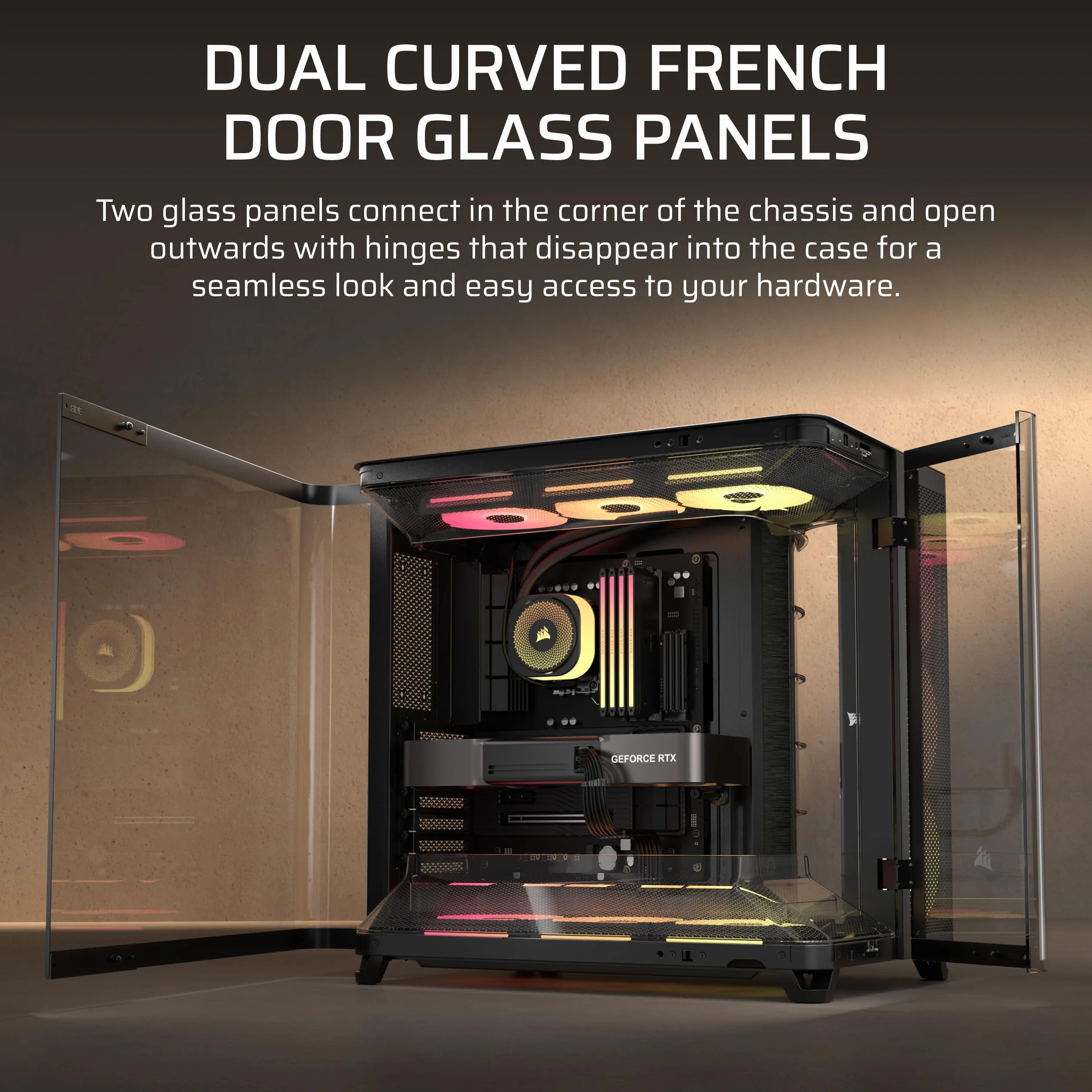 CORSAIR AIR 5400 LX-R RGB iCUE LINK trzykomorowa obudowa Mid-Tower Panoramiczna PC – 3 x wstępnie zainstalowane wentylatory LX-R RGB z odwróconym wirnikiem, niski poziom hałasu, kanały o wysokim