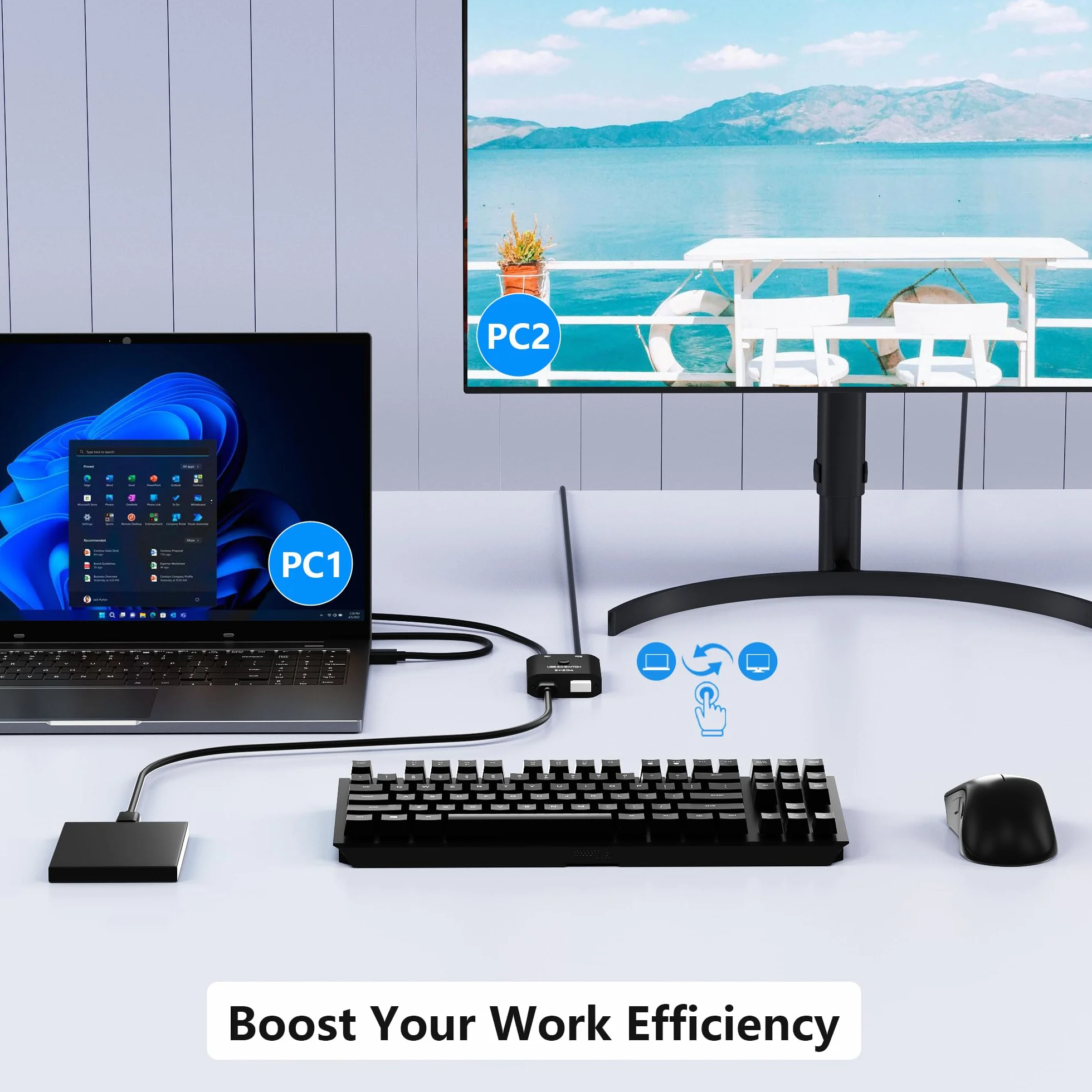 Przełącznik USB 3.0 2 w 2 wyjścia, przełącznik USB do 2 komputerów, do udostępniania klawiatury, myszy, drukarki, przełącznik udostępniania USB do Windows/Mac/Linux, 2-portowy przełącznik USB z 2