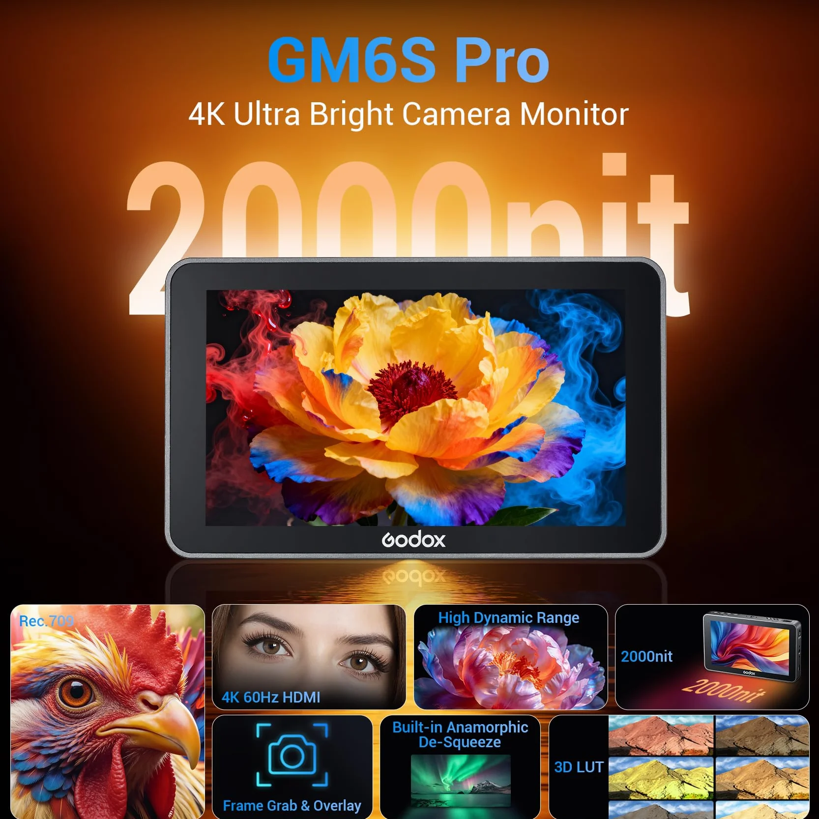 Godox GM6S Pro Kit2 5,5 cala 2000 Nits pochylony ekran pilot monitor zdjęcie 4K HDMI DSLR kamera z polem monitora 1920 x 1080 IPS Sterowanie dotykowe osłona przeciwprzewrócona, gumowa osłona i inne