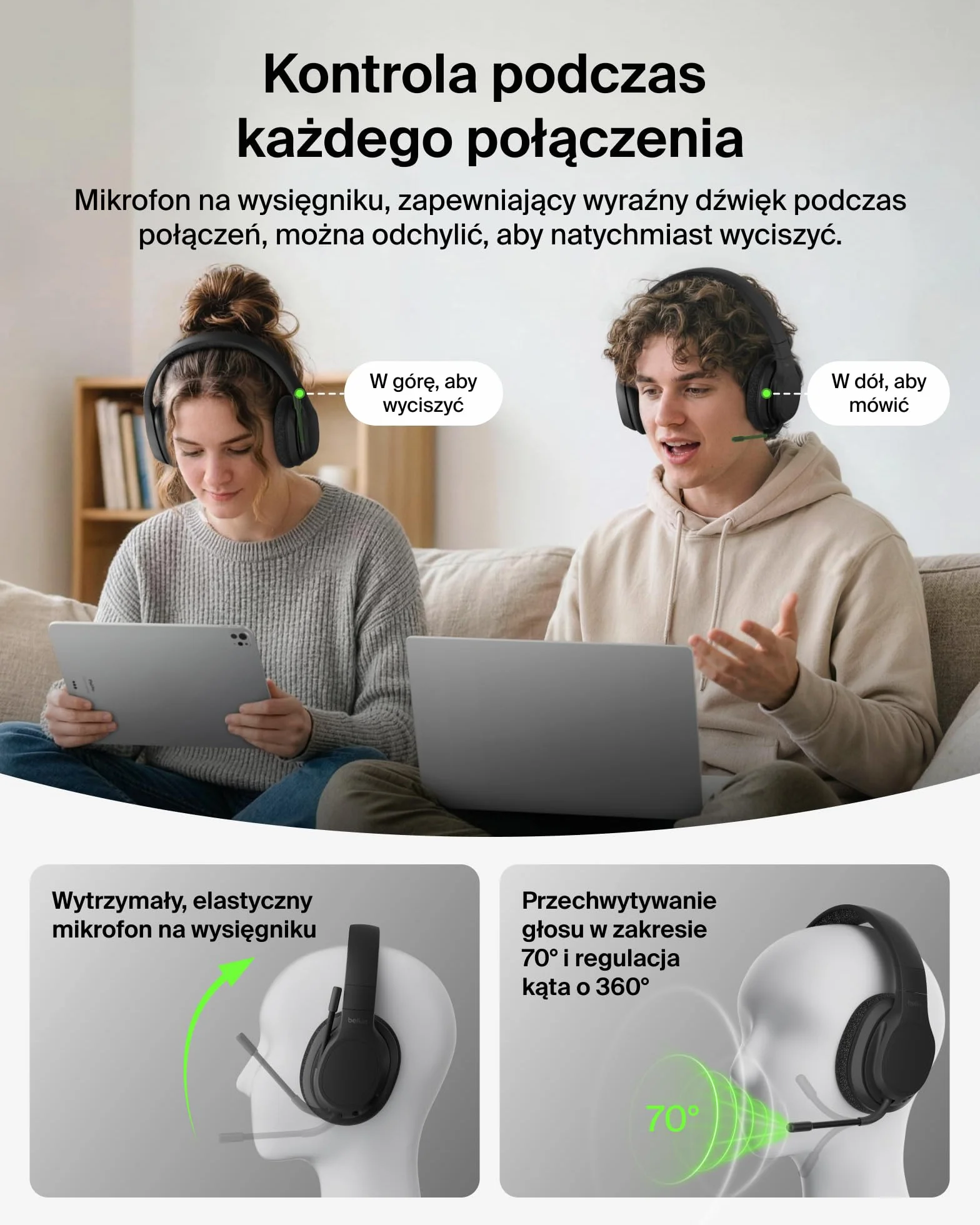 Belkin SoundForm Adapt Bezprzewodowe Słuchawki Nauszne, Mikrofon – Czarne