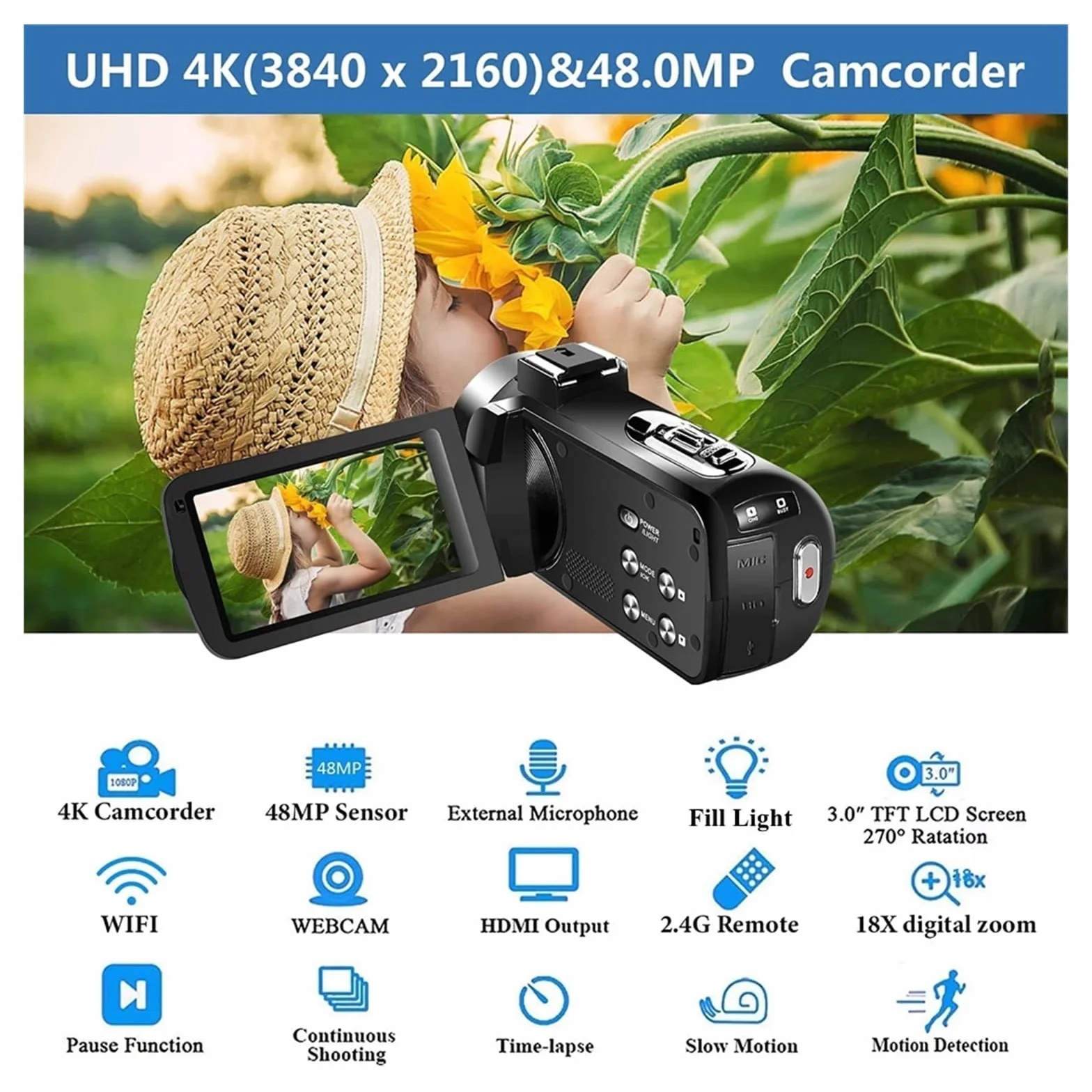 Aparat cyfrowy, 18-krotny zoom rejestrator wideo 4K z poklatkowym czasem, ekran dotykowy, 48 MP, zawiera kartę SD do vlogowania i fotografowania