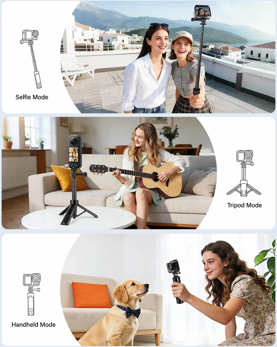 Nineigh 25,6-calowa Mini Kijek do Selfie z Statywem dla Kamer Akcji Kompatybilny z GoPro, DJI Osmo Pocket 3, Insta360, Rozsuwany Stołowy Statyw/Przewodnia Ręczna Statyw do Vlogowania