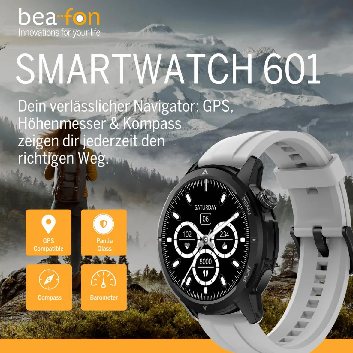 Beafon, Smartwatch 601, zegarek na rękę, wyświetlacz AMOLED 3,63 cm, szkło panda, kompas, wysokościomierz, IP68, 5ATM, tryb sportowy, tętno, tlen we krwi, krokomierz, połączenia Bluetooth, GPS,
