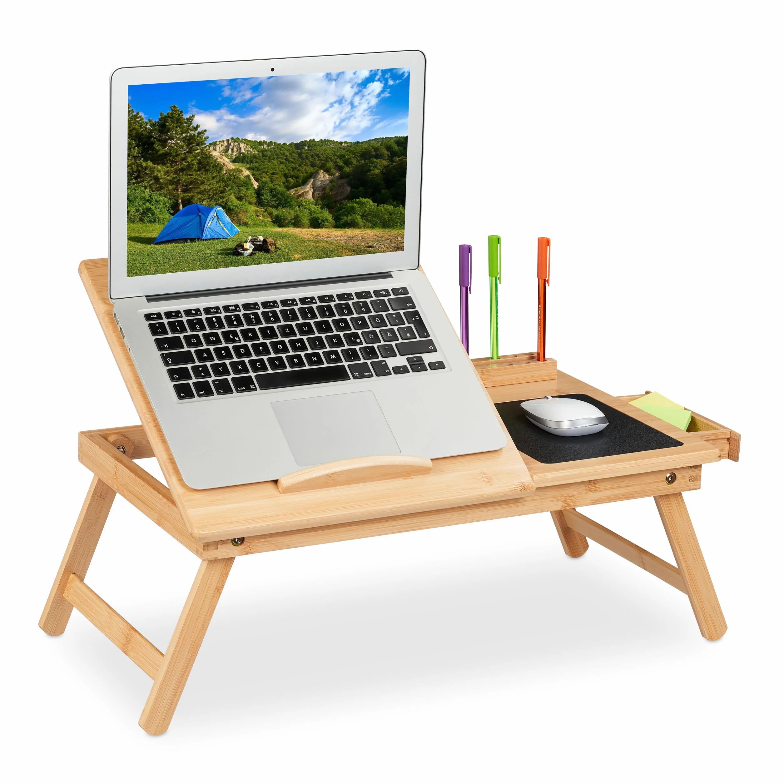 Relaxdays Stolik pod laptopa do łóżka i kanapy, składany stolik do łóżka, (wys. x szer. x gł.): 17,5 x 62 x 34 cm, bambus, szuflada i podkładka pod mysz, kolor naturalny