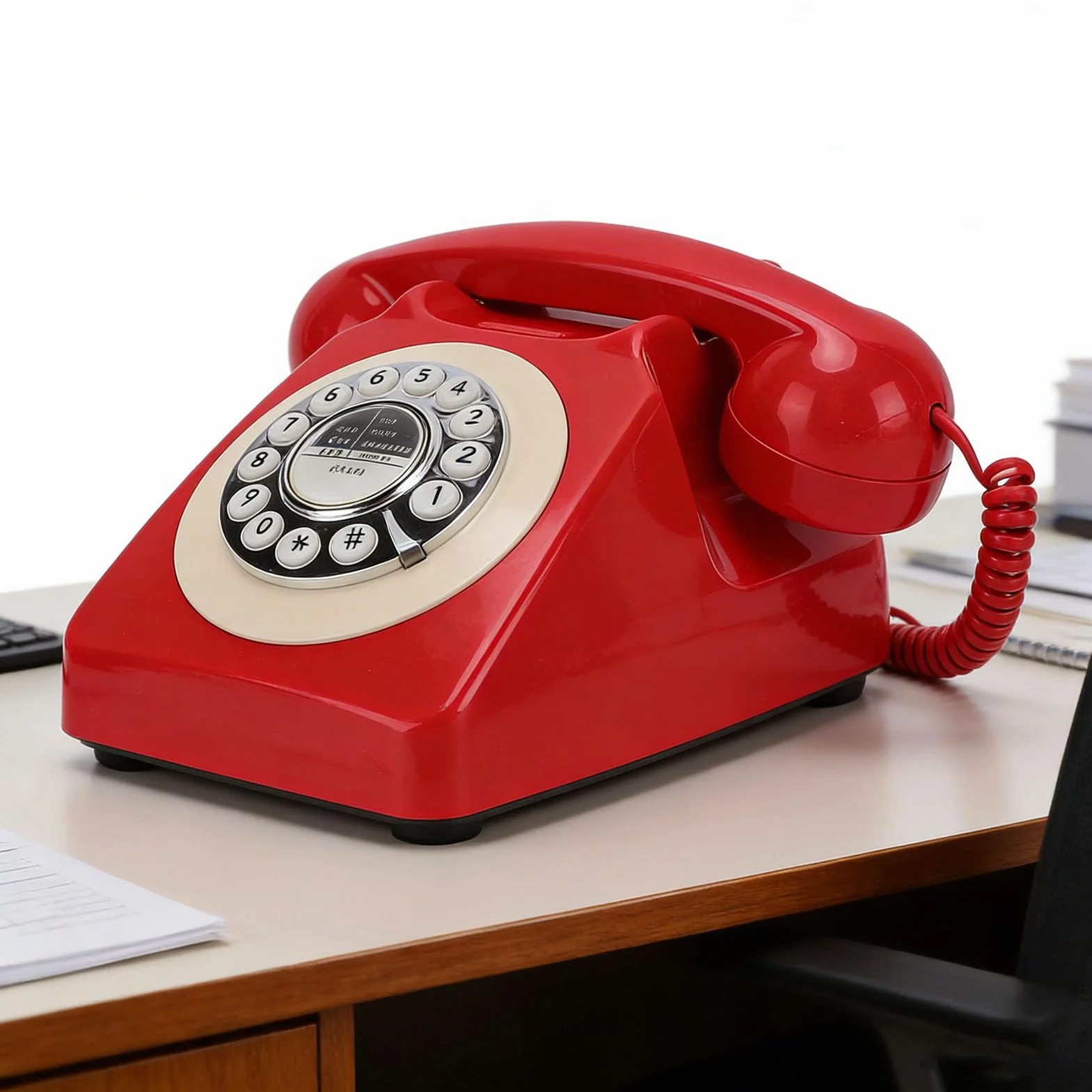 Denash Przewodowy Telefon Stacjonarny w Stylu Retro, Klasyczny Telefon z Wybieraniem Typu Push Dial i funkcją Ponownego Wybierania Numeru, Zabytkowy Domowy do Biura i Deko (czerwony)