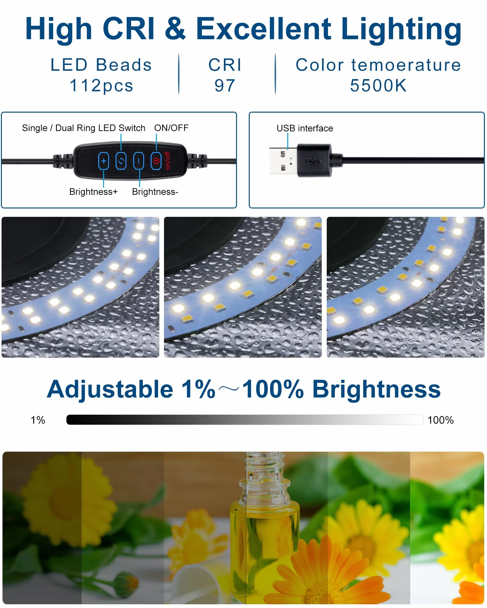 PULUZ Przenośna skrzynka oświetleniowa 30 cm × 30 cm, przyciemniana lampa do studia fotograficznego z 112 diodami LED o wysokim CRI i 6 tłami z PCW i 3 tablicami odblaskowymi do małych przedmiotów