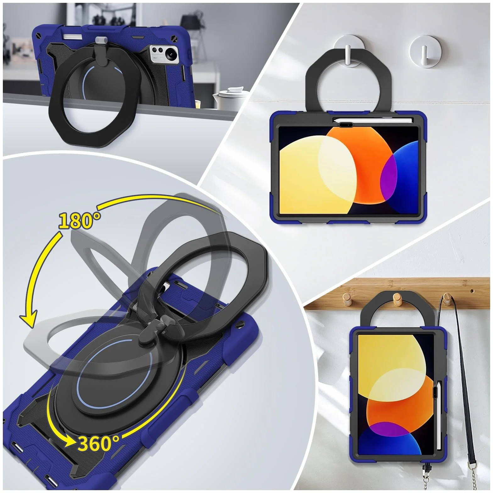 Wytrzymałe etui ochronne do Xiaomi Mi Pad 5 Pro 12,4 cala, obrotowy uchwyt o 360°, pasek na ramię, ołówek i pierścień z uchwytem, etui odporne na wstrząsy dla dzieci i dorosłych (Ciemnoniebieski