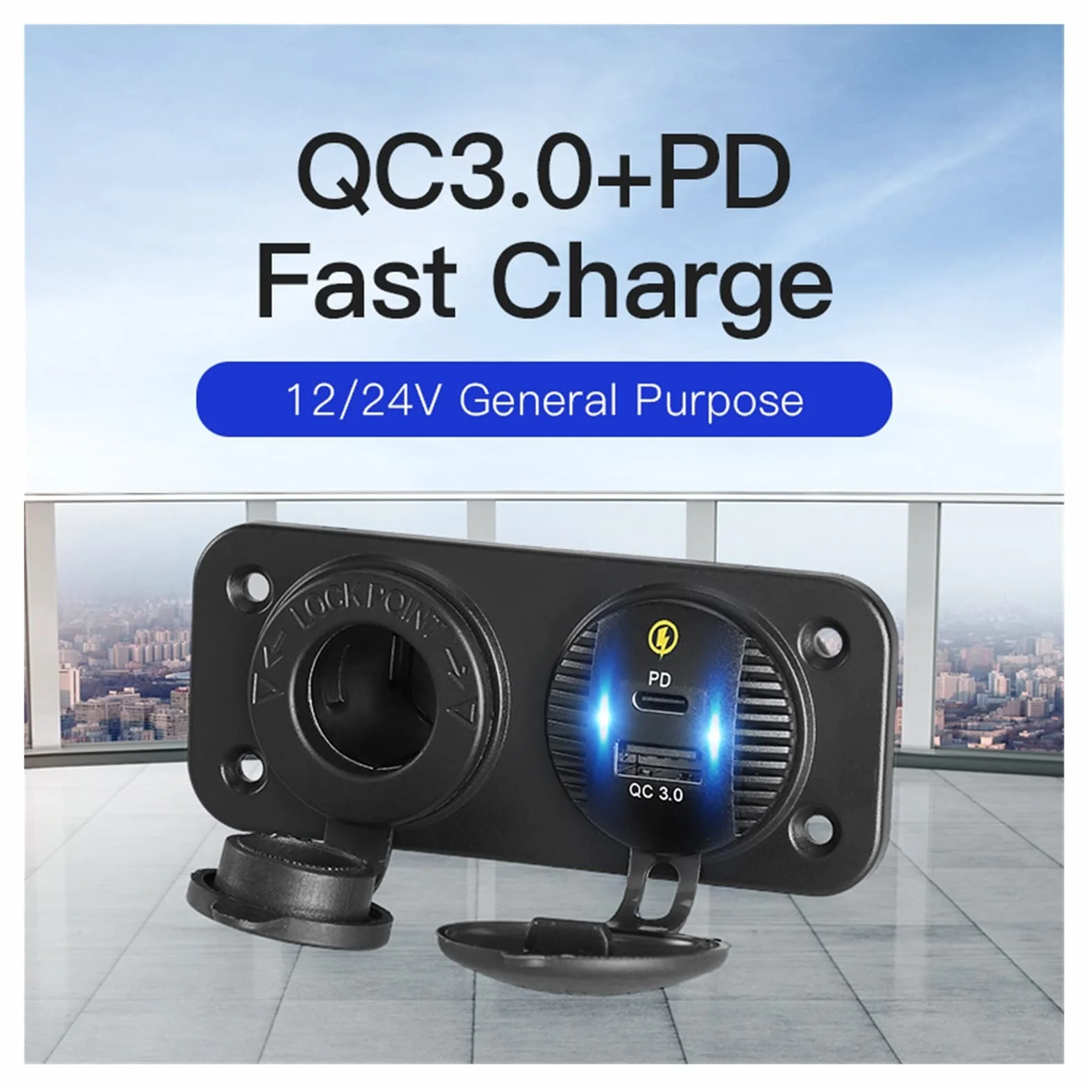 Ładowarka samochodowa, Gniazdo samochodowe USB 12 V typu C, montaż na panelu, 2-portowe(Pd and Qc3.0 Port)