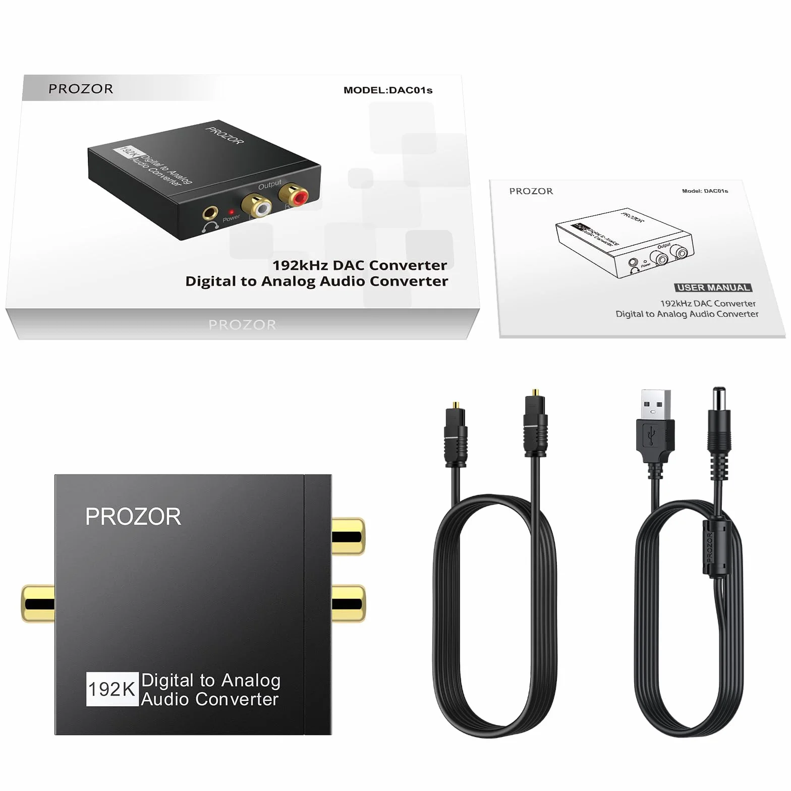 PROZOR DAC001 192 KHz Przetwornik DAC Cyfrowy SPDIF TOSLINK do Analogowego Stereo Audio R/L Czarny