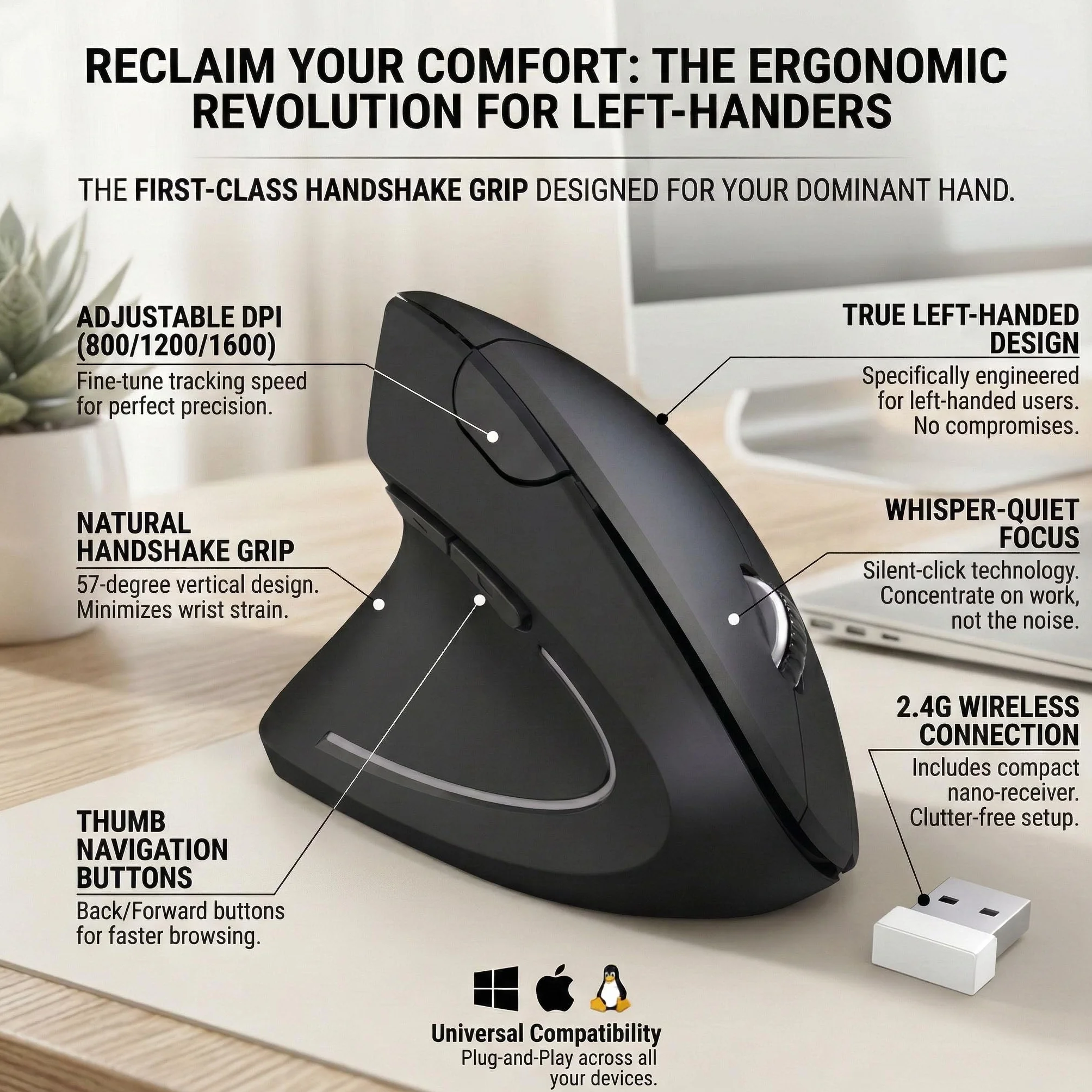 Mysz dla leworęcznych, ergonomiczna mysz dla leworęcznych, bezprzewodowa mysz pionowa USB 2,4 G, regulowana DPI (800/1200/1600), 6 przycisków do komputera, Maca, laptopa, Windowsa, komputera