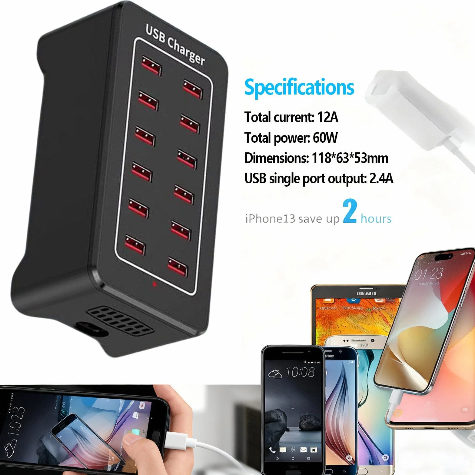 12-portowa stacja ładująca USB 2,4 A, szybkie ładowanie 2,5 h, inteligentna ładowarka biurkowa, chłodzenie, łatwe przenoszenie
