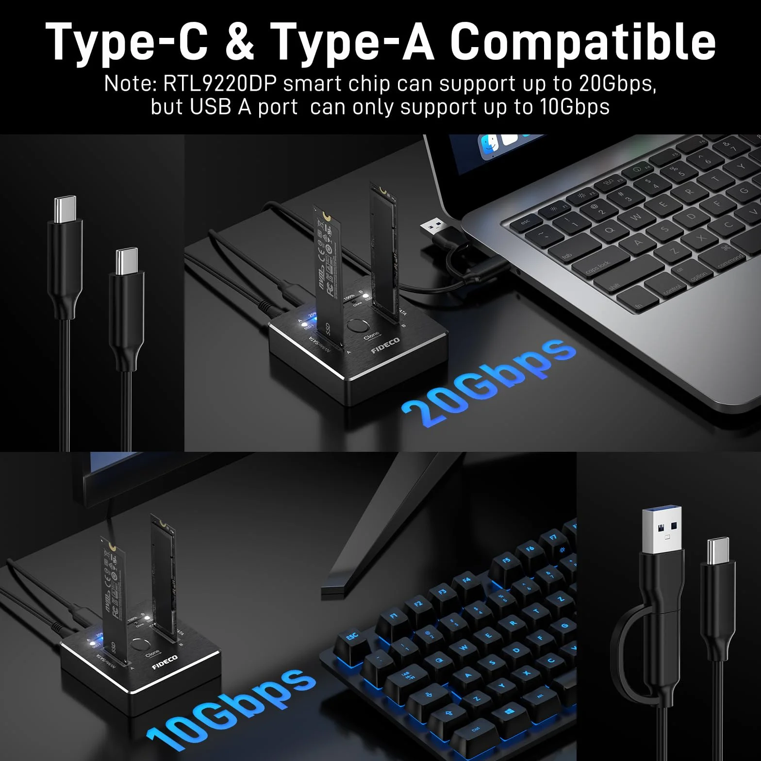 FIDECO Stacja dokująca M.2 NVMe SATA SSD, USB 3.2 Gen 2, podwójna stacja dokująca NVMe SATA SSD 20 Gb/s, obsługa klonu offline, UASP i TRIM, aluminiowa konstrukcja