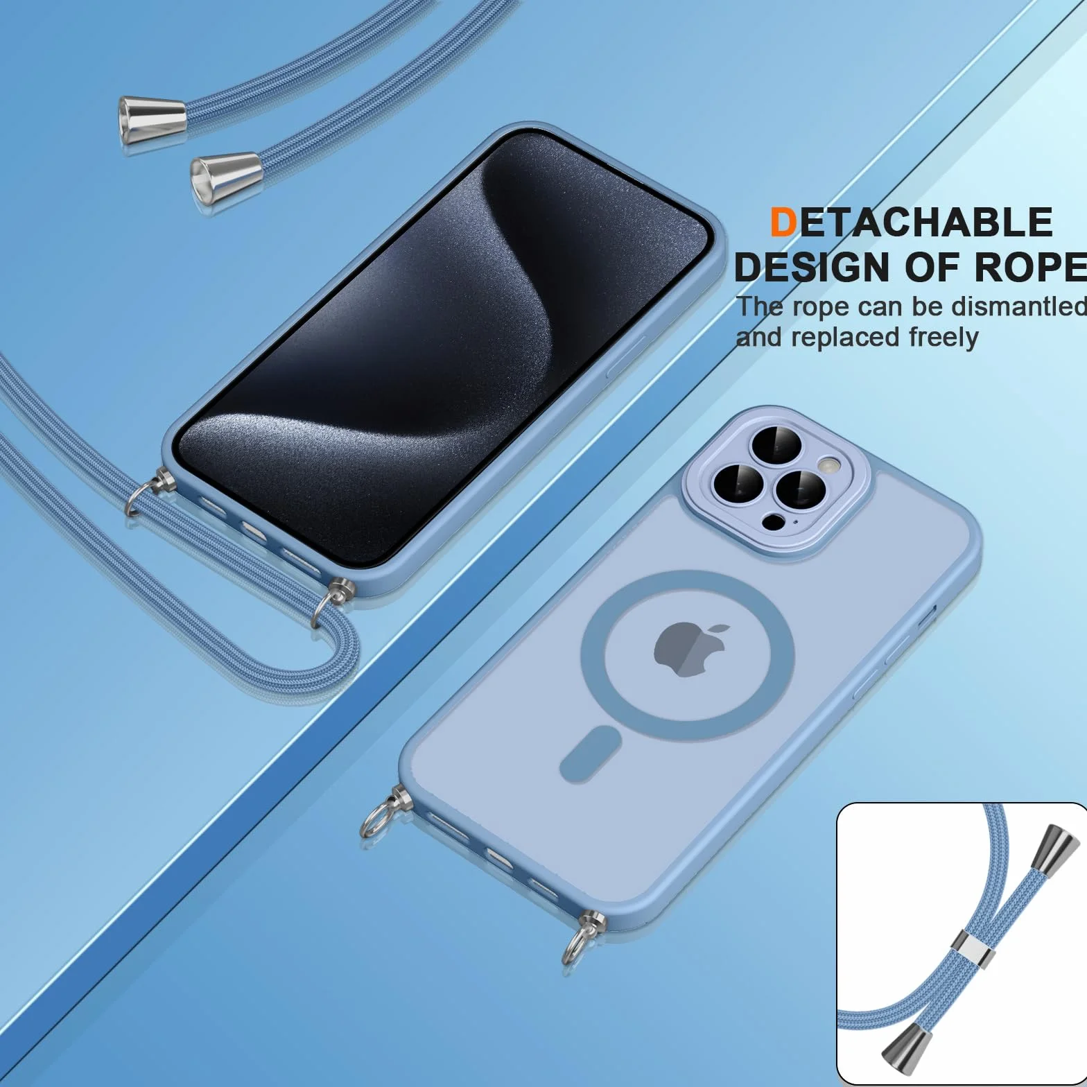 Pnakqil Magnetyczny pasek na telefon komórkowy z paskiem do iPhone 15 Pro Max, etui na telefon komórkowy, półprzezroczyste, z ochroną aparatu, regulowany i zdejmowany łańcuszek, osłona magnetyczna