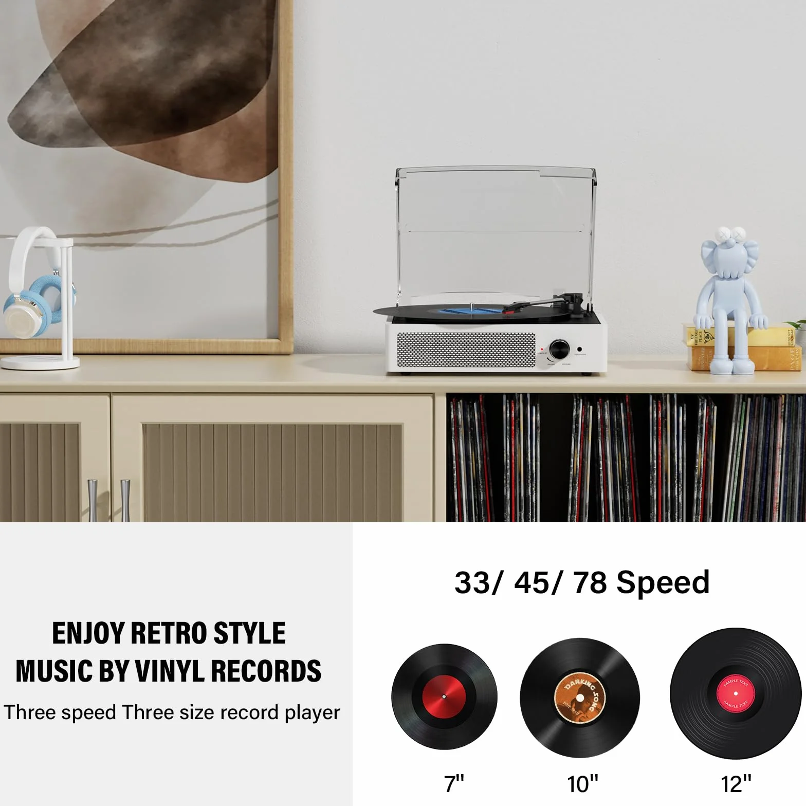 Odtwarzacz płyt winylowych z 2 głośnikami stereo, napędzany pasem, gramofony vintage, 3 prędkości, 3 rozmiary, bezprzewodowe odtwarzanie Bluetooth, wejście AUX, wyjście RCA, słuchawki, odtwarzacze