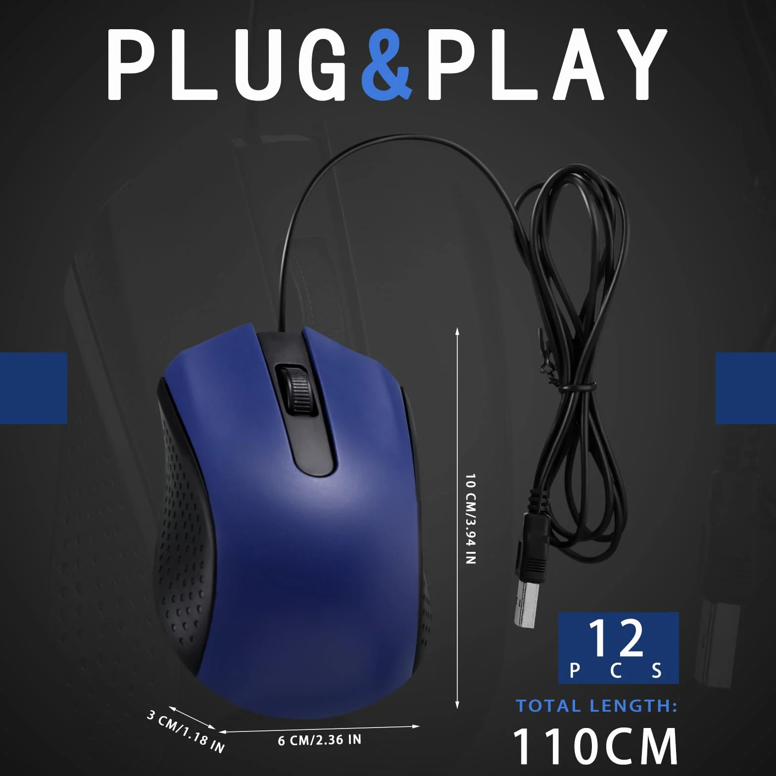 Hoteam 12 x przewodowa mysz komputerowa z ergonomicznym przewodem USB do komputerów, komputerów, laptopów, gier, biura, szkoły, artykułów gospodarstwa domowego, niebieska