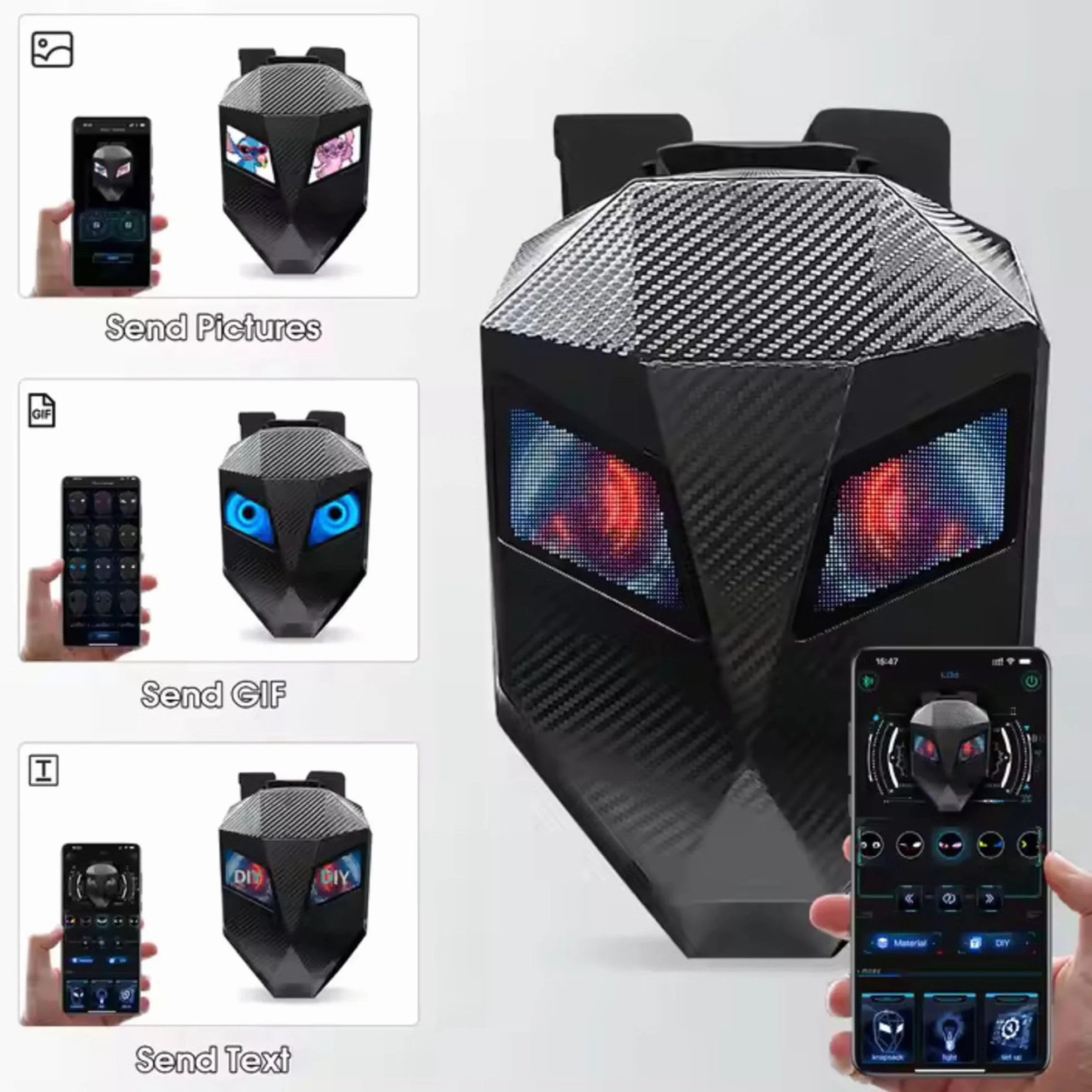 Carbon & King Plecak LED na motocykl lub skuter elektryczny, programowalny ekran LED, wodoodporna, twarda obudowa do laptopa (węglowy)