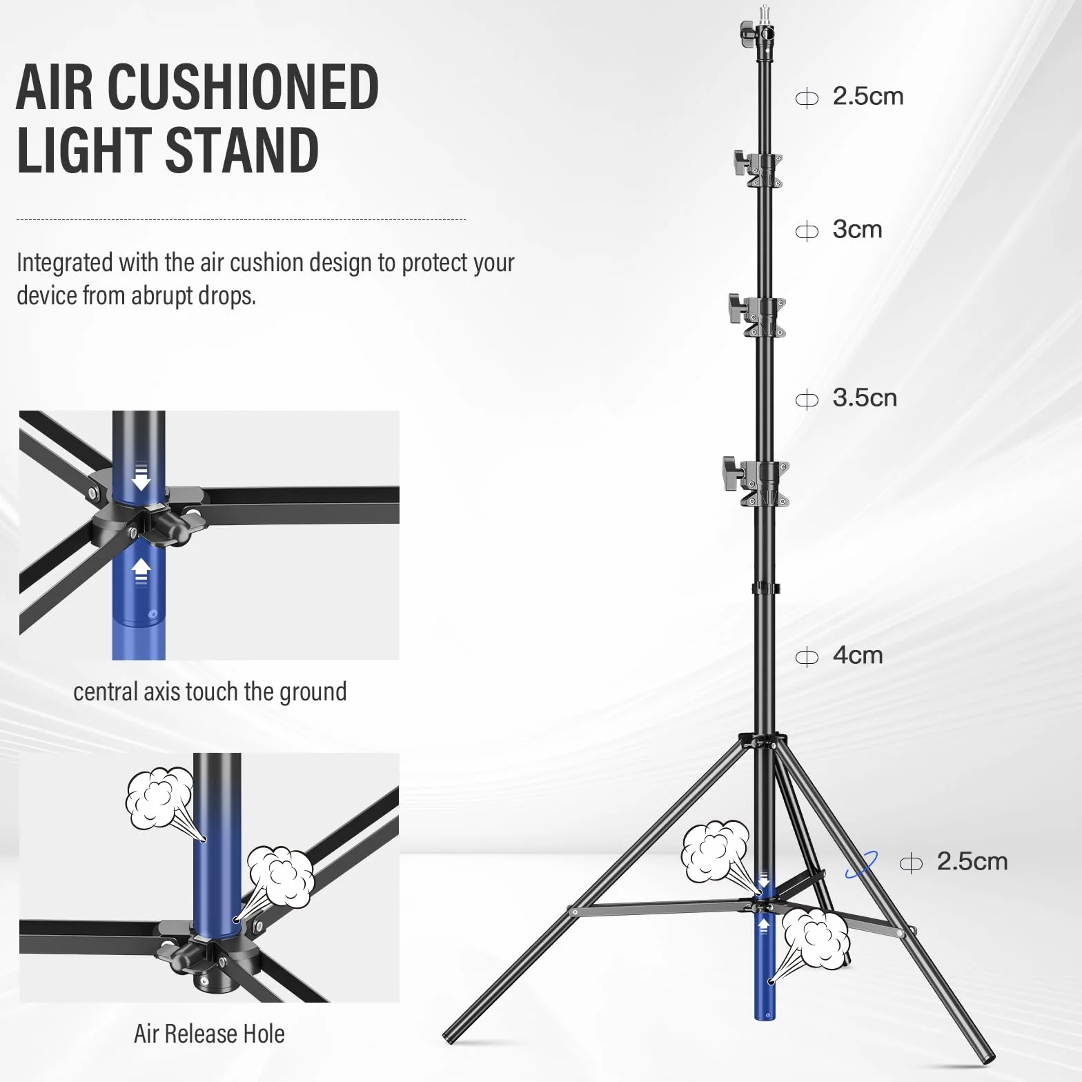 Soonpho AIR Pro statyw oświetleniowy 440 cm, tłumiony powietrzem, metal, aluminium, maks. wysokość 4,4 m, nośność 15 kg, stabilny i wygodny statyw do kinkietów, fotografii, studia fotograficznego