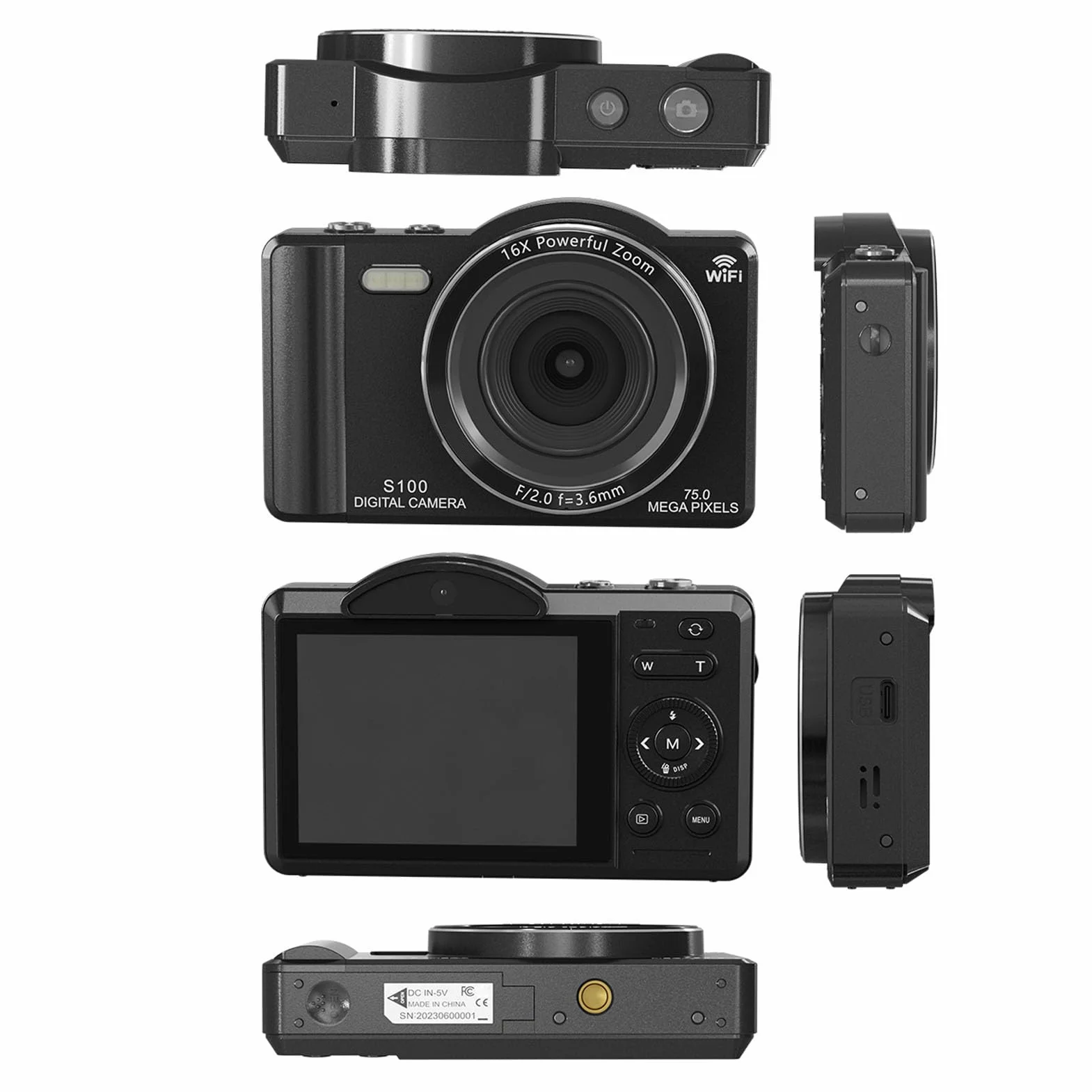 Bewinner Aparat Cyfrowy 4K do Fotografii, Aparat Vlogging 75MP z 2,8 -calowym Ekranem Dotykowym, 16x Cyfrowy Zoom, Kamery Wi -Fi Autofocus z lampą błyskową do Portretu Krajobrazu Podróży (64GB)