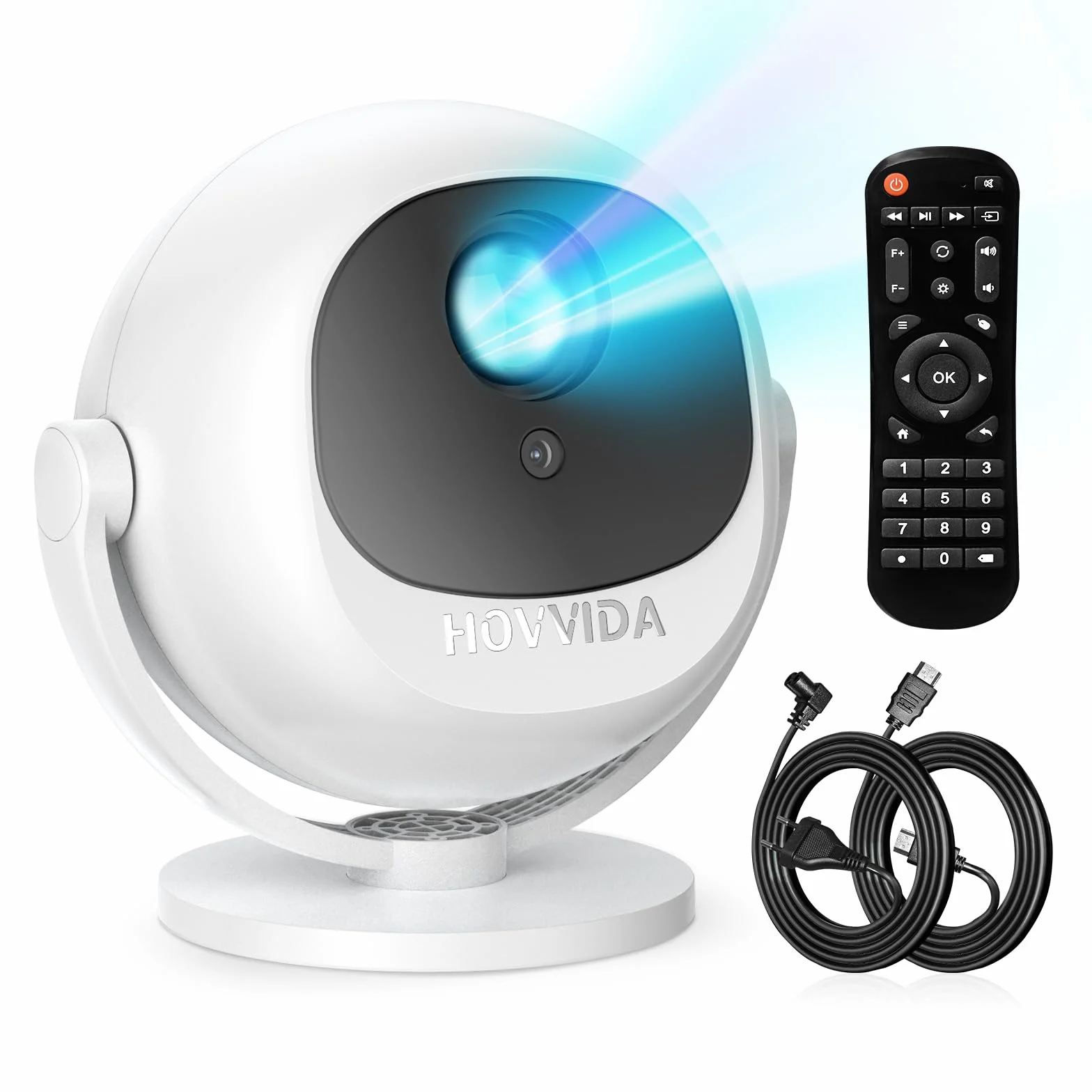 HOVVIDA Beamer 2025 przenośny projektor, elektryczna regulacja ostrości, kompatybilny z 4K 1080P, WiFi 6 Bluetooth 5.2, obrót o 360°, zintegrowana aplikacja, z kablem HDMI, kompatybilny z pendrivem